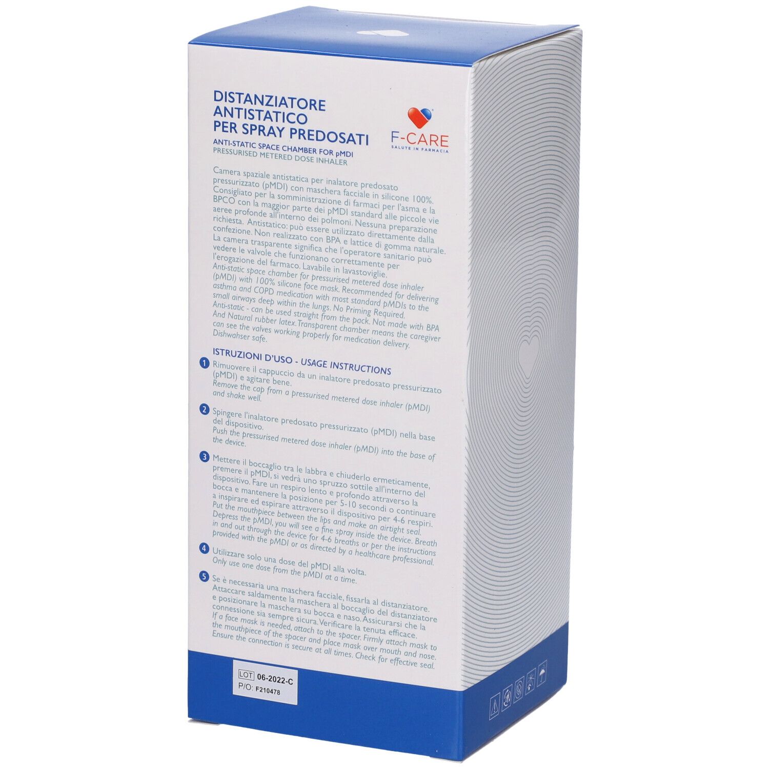 Retro della scatola F-CARE Distanziatore Pediatrico. Testo: Distanziatore Antistatico Per Spray Predosati. Istruzioni per l'uso.