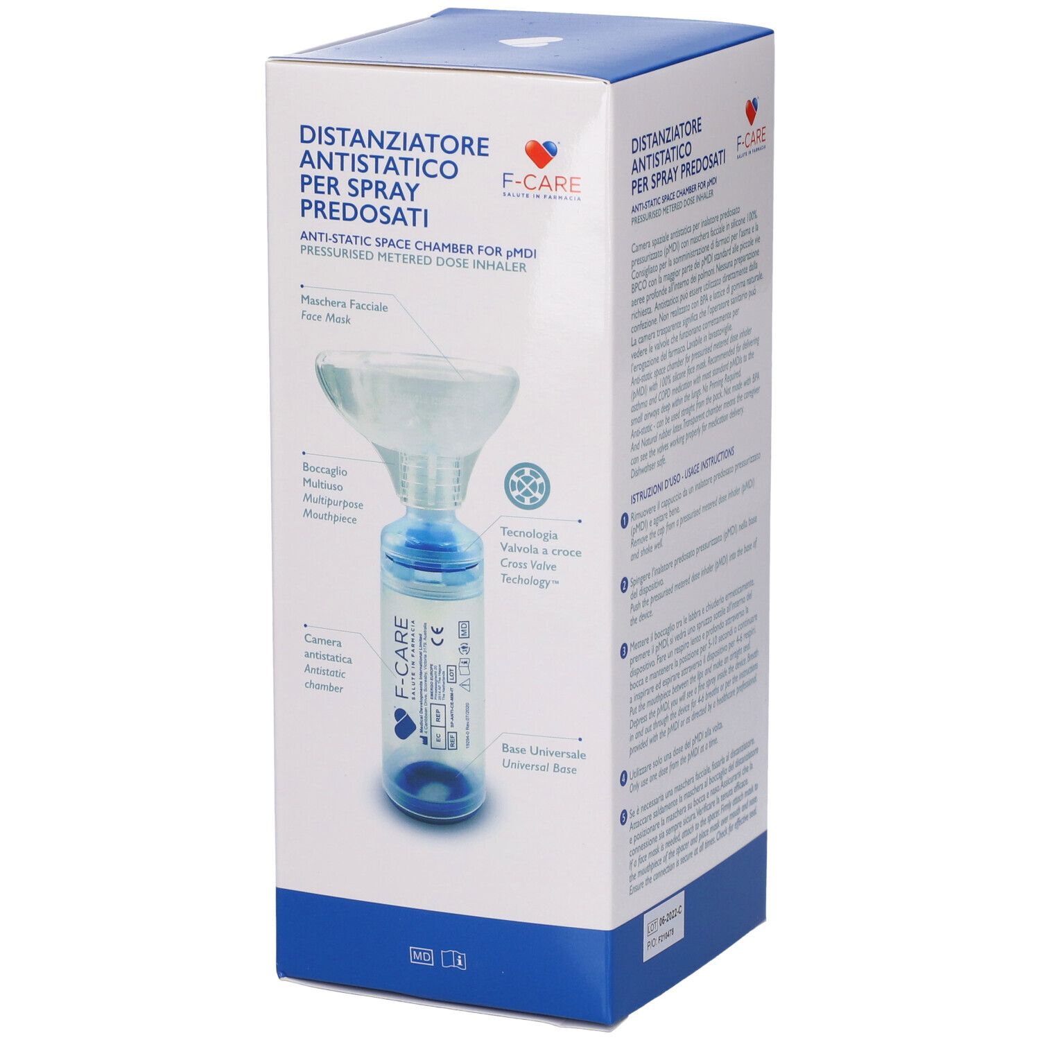 Scatola F-CARE Distanziatore Pediatrico. Vista del prodotto con componenti. Testo: Distanziatore Antistatico Per Spray Predosati.