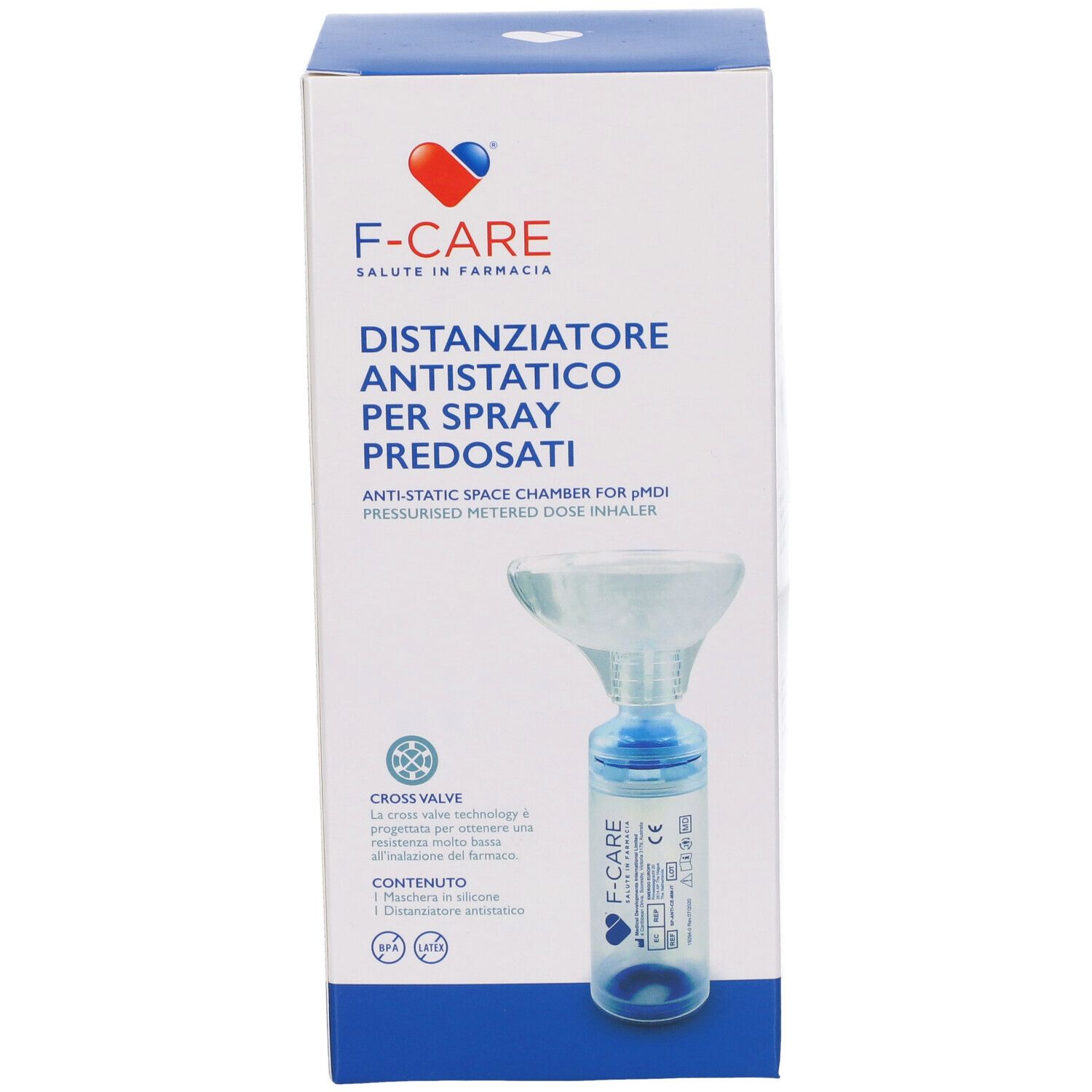 Scatola F-CARE Distanziatore Pediatrico. Contiene inalatore e maschera. Testo: Distanziatore Antistatico Per Spray Predosati.