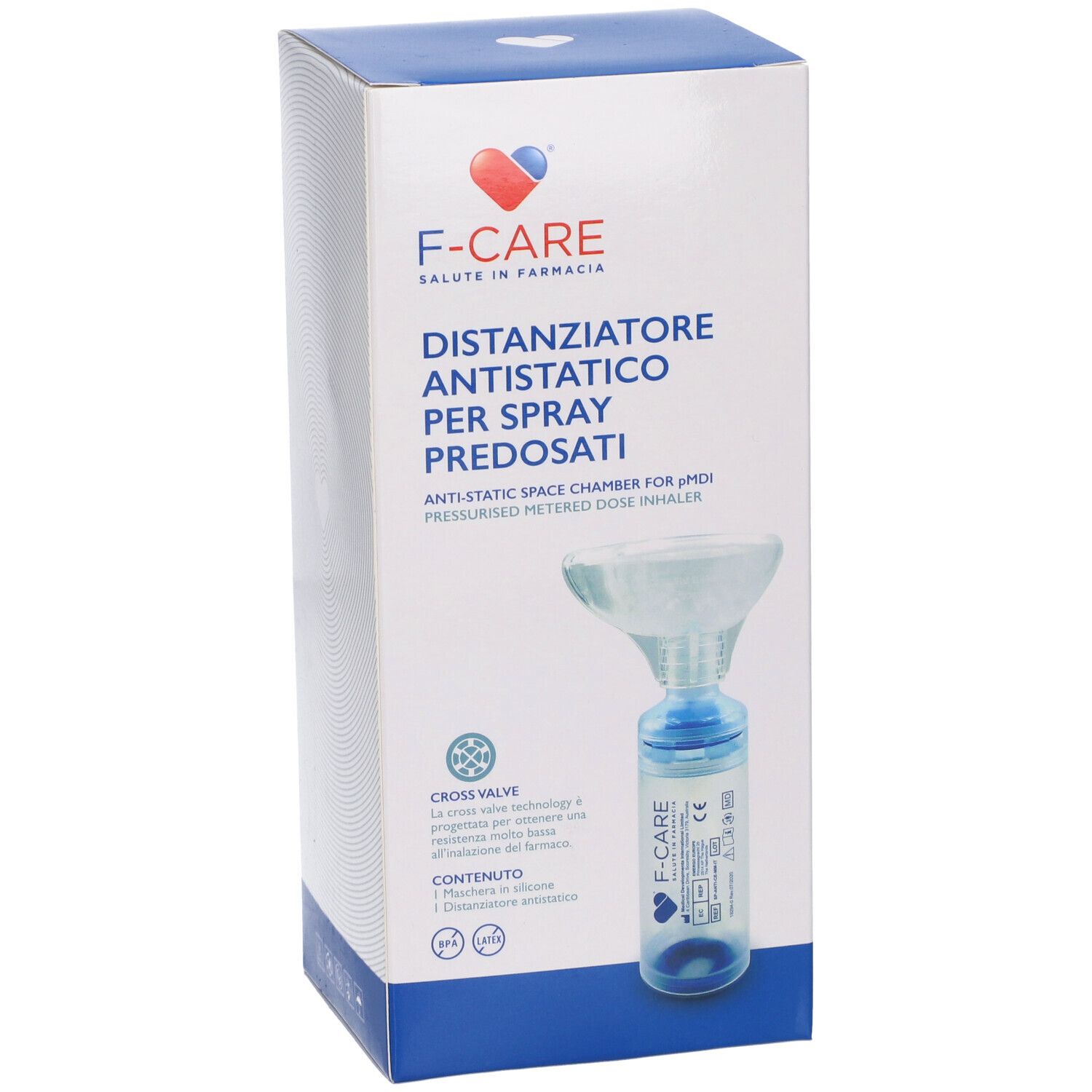 Scatola F-CARE Distanziatore Pediatrico. Contiene inalatore e maschera. Testo: Distanziatore Antistatico Per Spray Predosati.