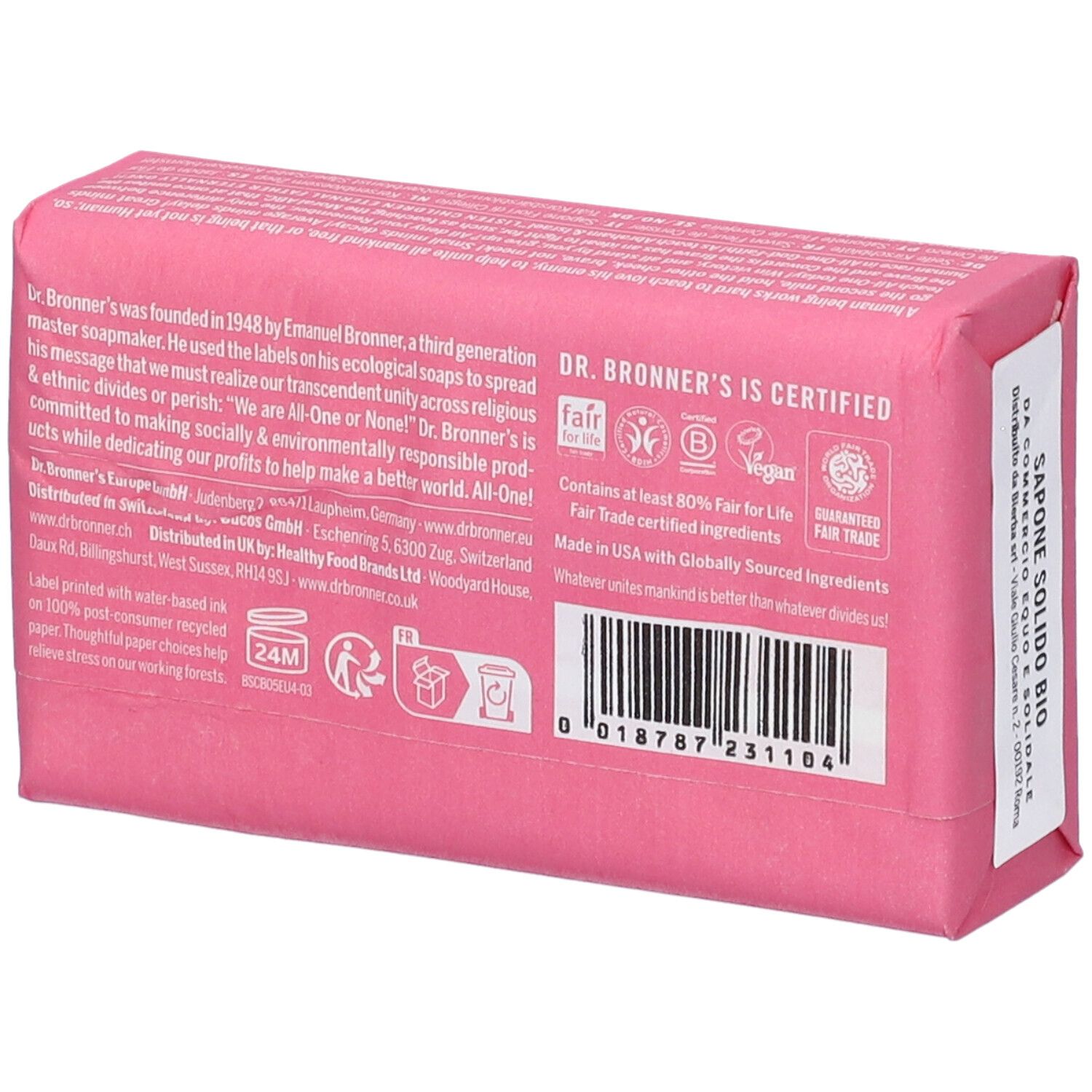 Sapone rosa confezionato. Retro con testo e loghi. Scritta: Dr. Bronner's is Certified. Codice a barre.