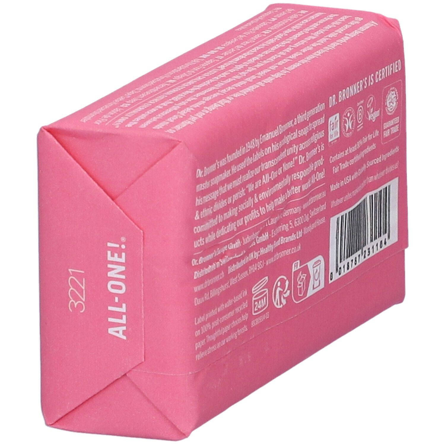 Sapone rosa confezionato. Scritta: All-One! e 3221. Retro con testo e loghi. Codice a barre.