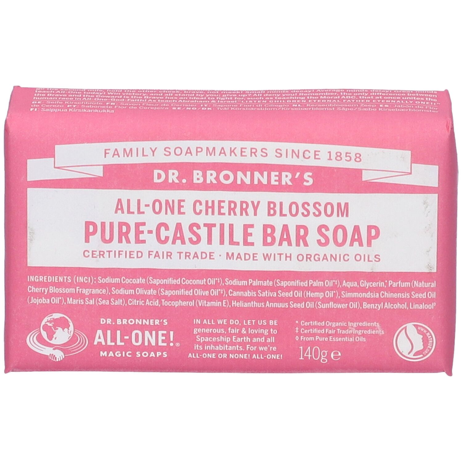 Sapone rosa confezionato. Scritta: Dr. Bronner's, All-One Cherry Blossom Pure-Castile Bar Soap. Ingredienti.