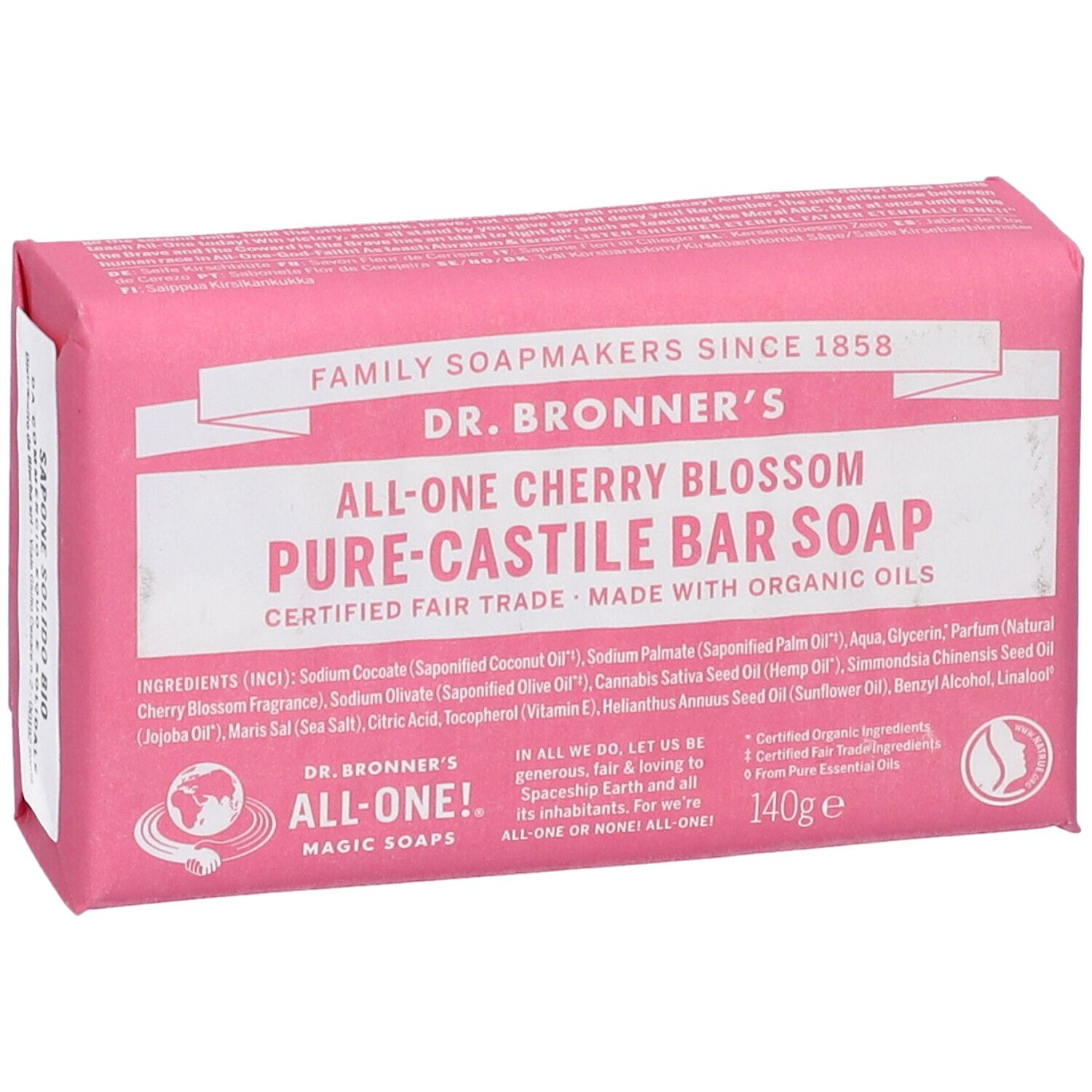 Sapone rosa confezionato. Scritta: Dr. Bronner's, All-One Cherry Blossom Pure-Castile Bar Soap. 140g e.