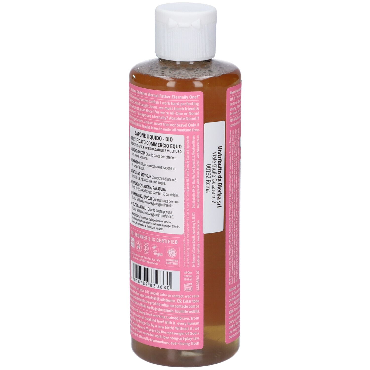 Retro del flacone di DR BRONNER'S Cherry Blossom All-One Magic Soap. Etichetta rosa con testo. Tappo bianco.
