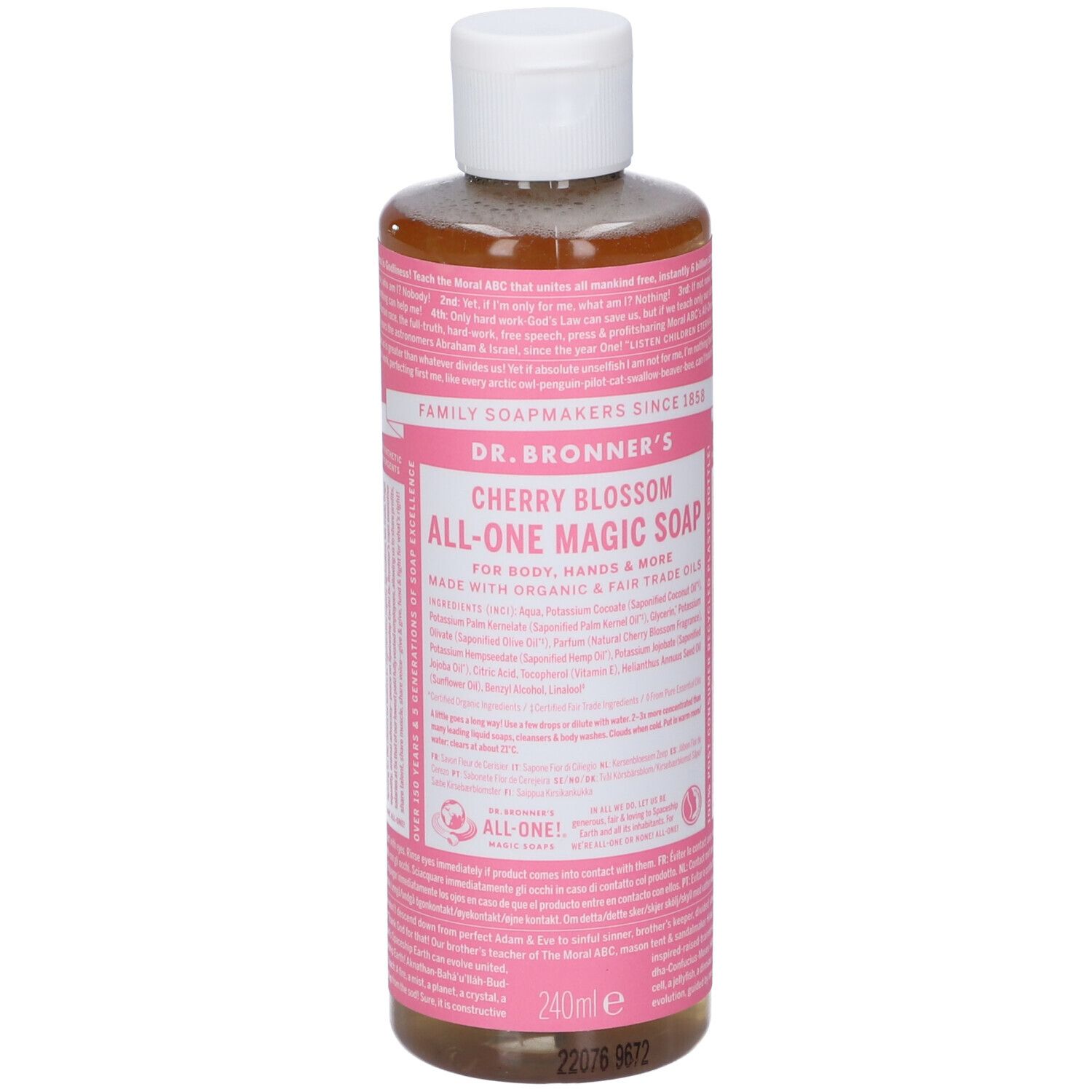 Flacone di DR BRONNER'S Cherry Blossom All-One Magic Soap. Etichetta rosa con testo. Tappo bianco. 240ml.