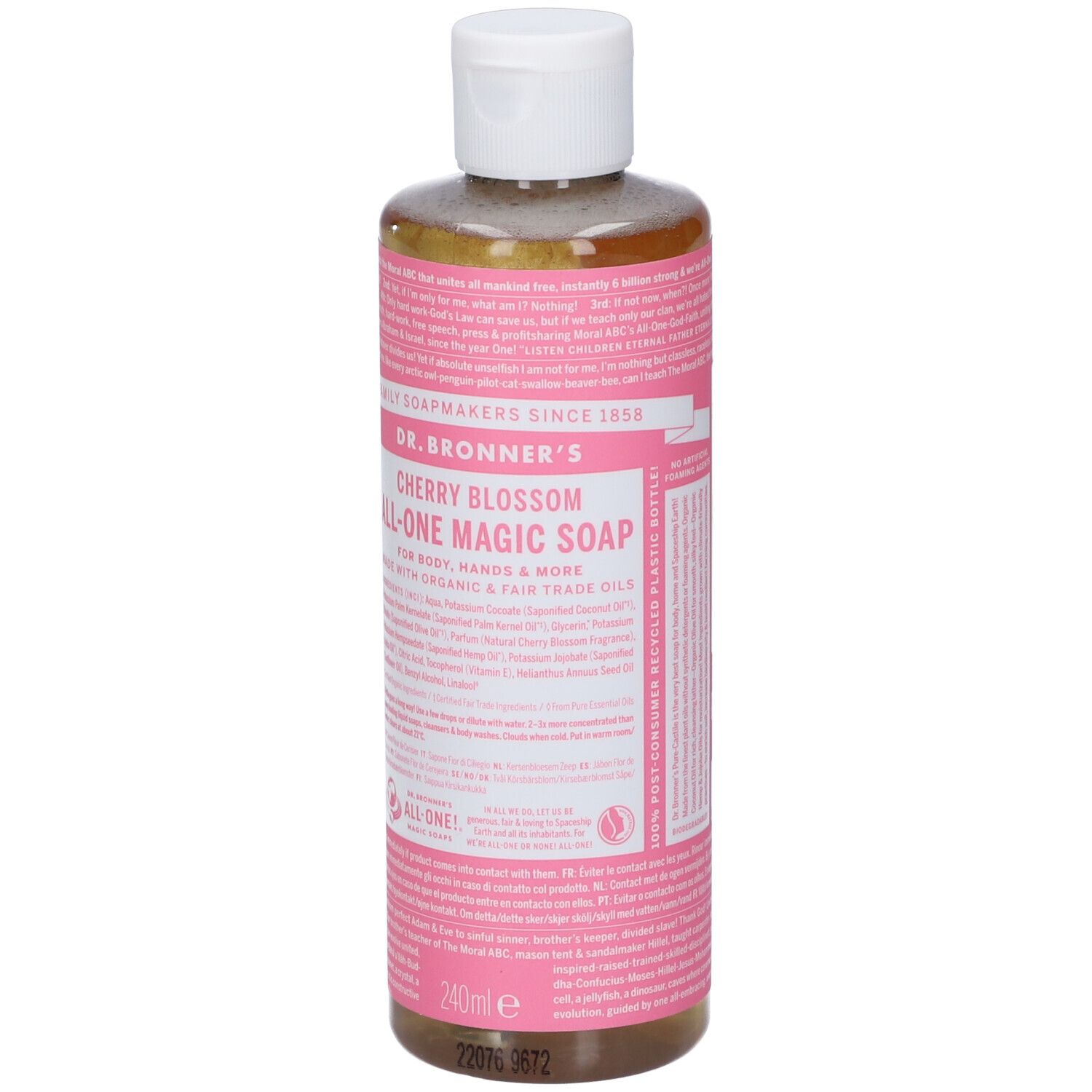Flacone di DR BRONNER'S Cherry Blossom All-One Magic Soap. Etichetta rosa con testo. Tappo bianco. 240ml.
