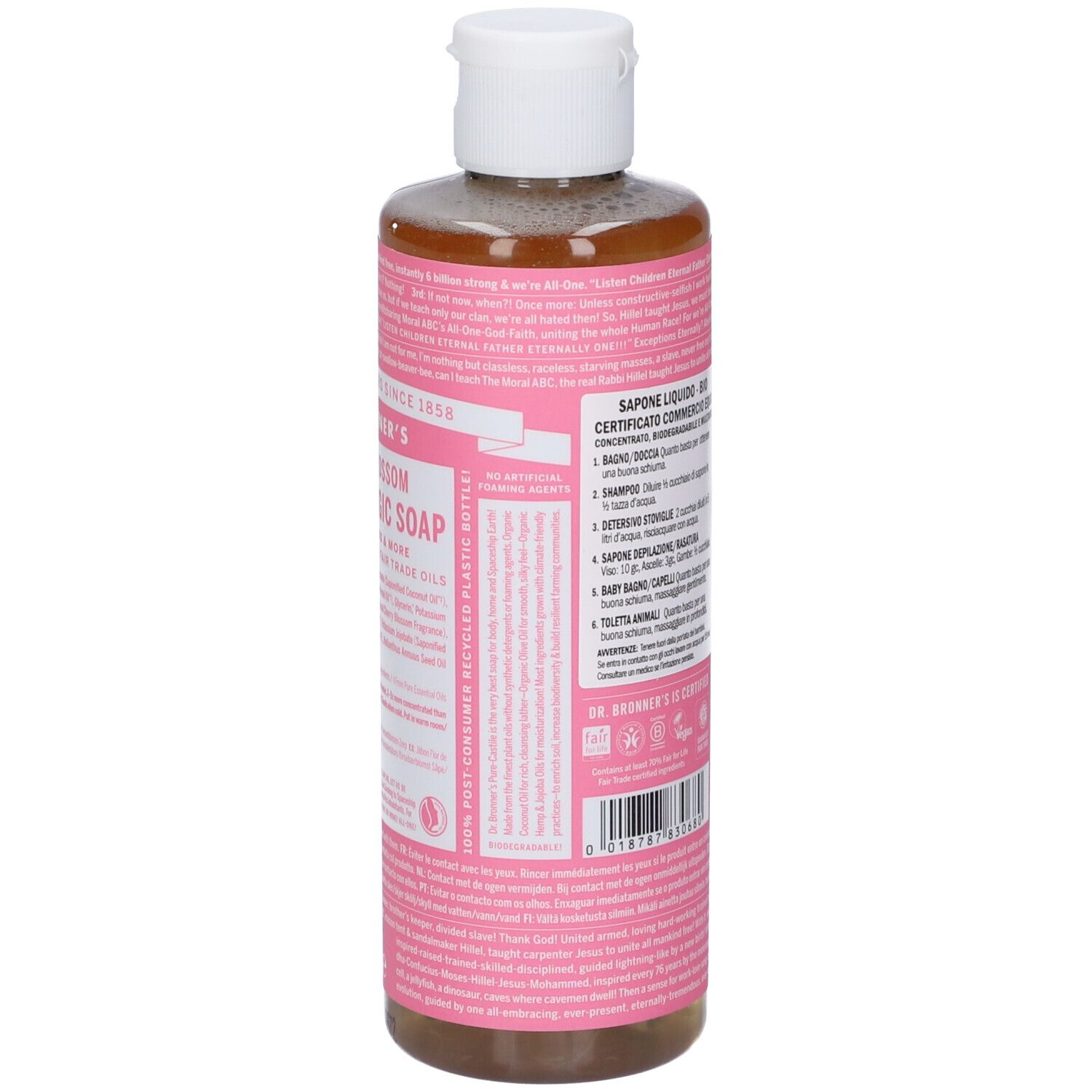 Retro del flacone di DR BRONNER'S Cherry Blossom All-One Magic Soap. Etichetta rosa con testo. Tappo bianco.