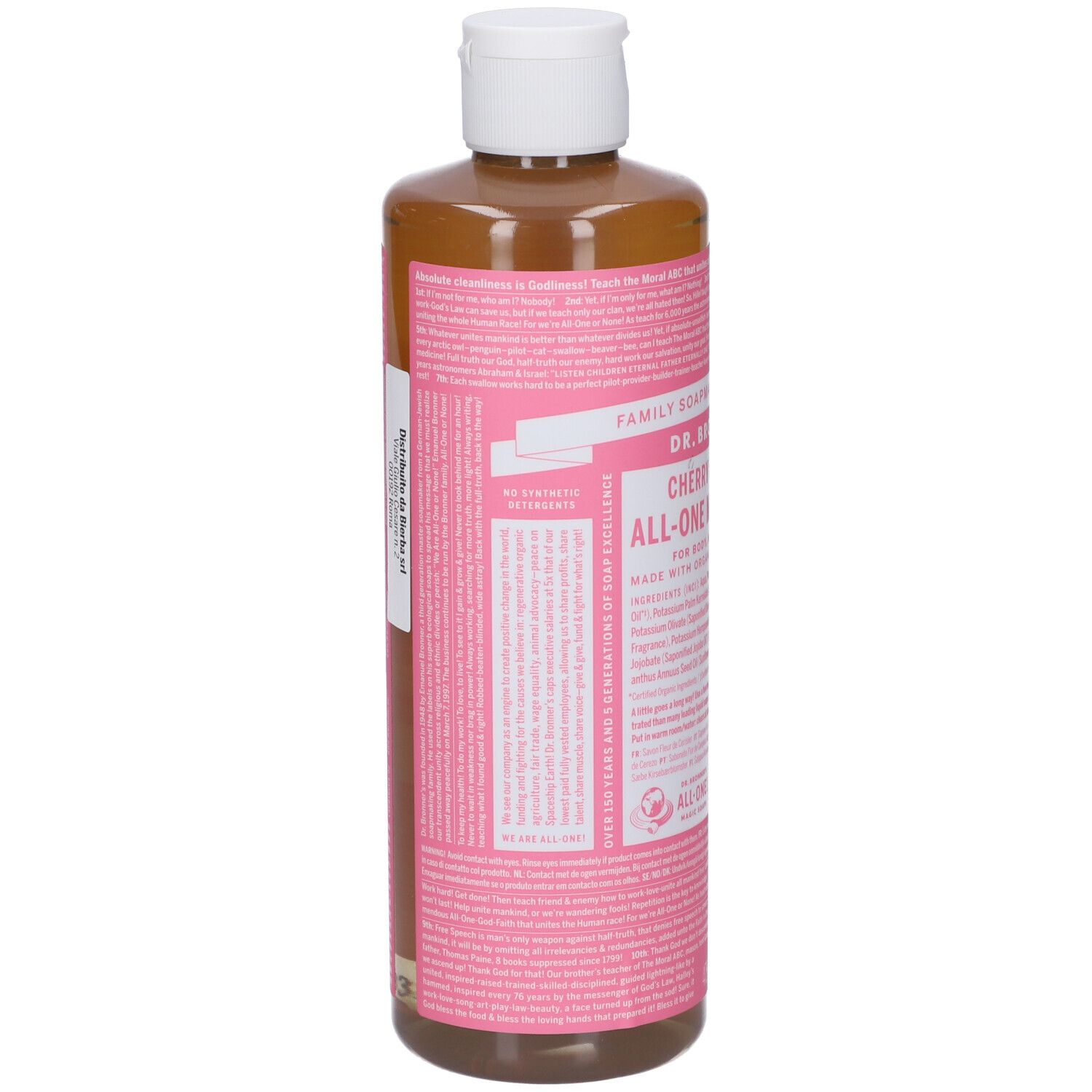 Flacone con etichetta rosa. Testo sull'etichetta. Tappo bianco. Vista posteriore.