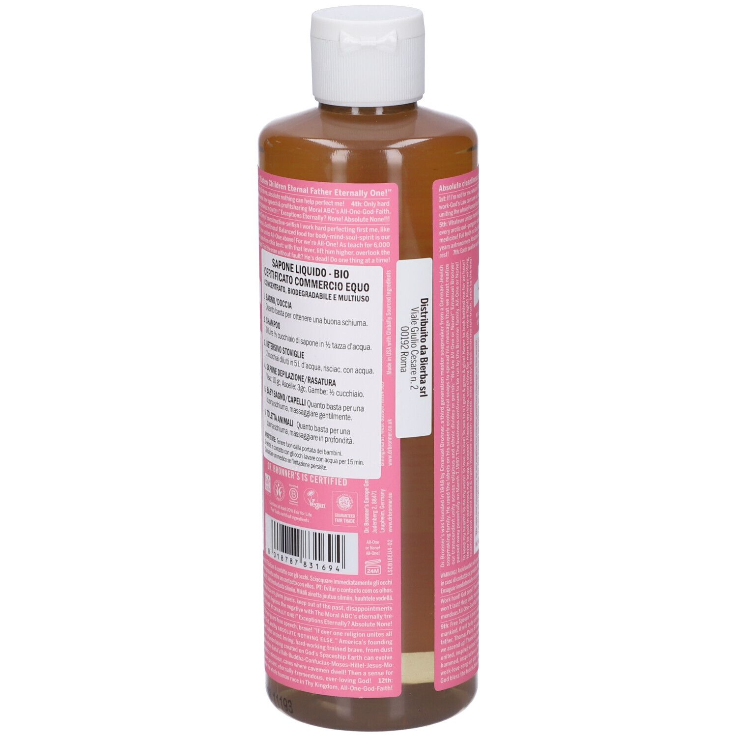 Flacone con etichetta rosa. Testo sull'etichetta. Tappo bianco. Vista posteriore.