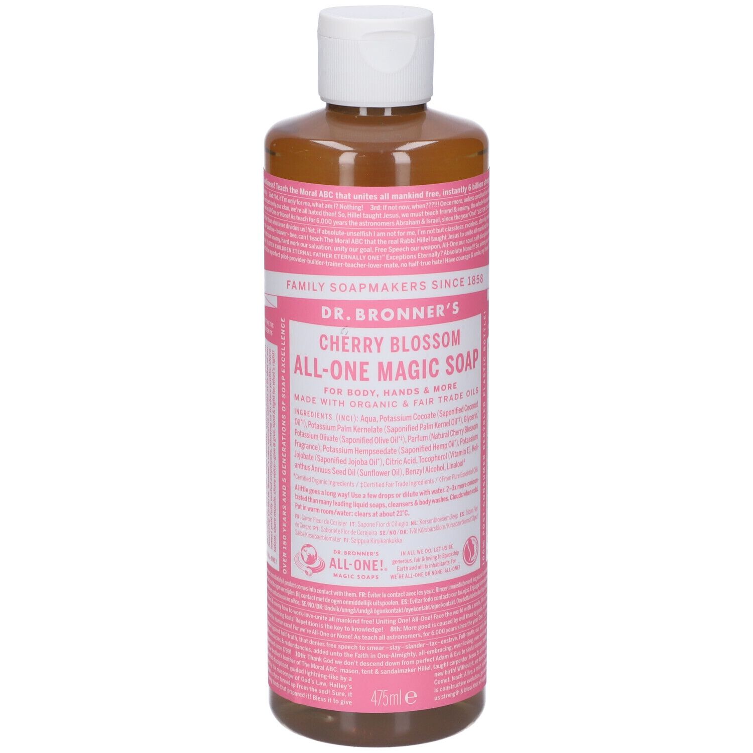 Flacone con etichetta rosa. Scritta: Dr. Bronner's Cherry Blossom All-One Magic Soap. Tappo bianco.