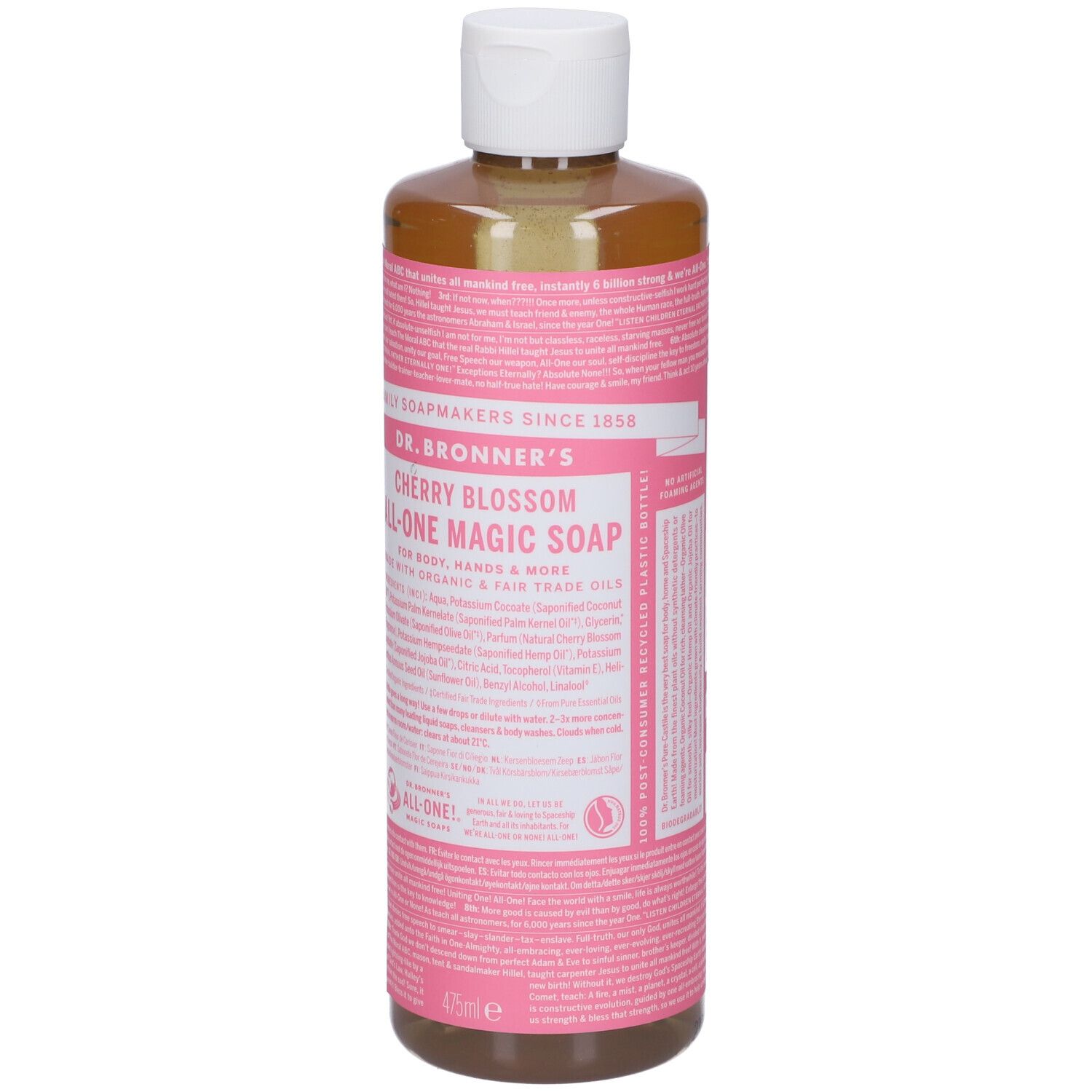 Flacone con etichetta rosa. Scritta: Dr. Bronner's Cherry Blossom All-One Magic Soap. Tappo bianco.