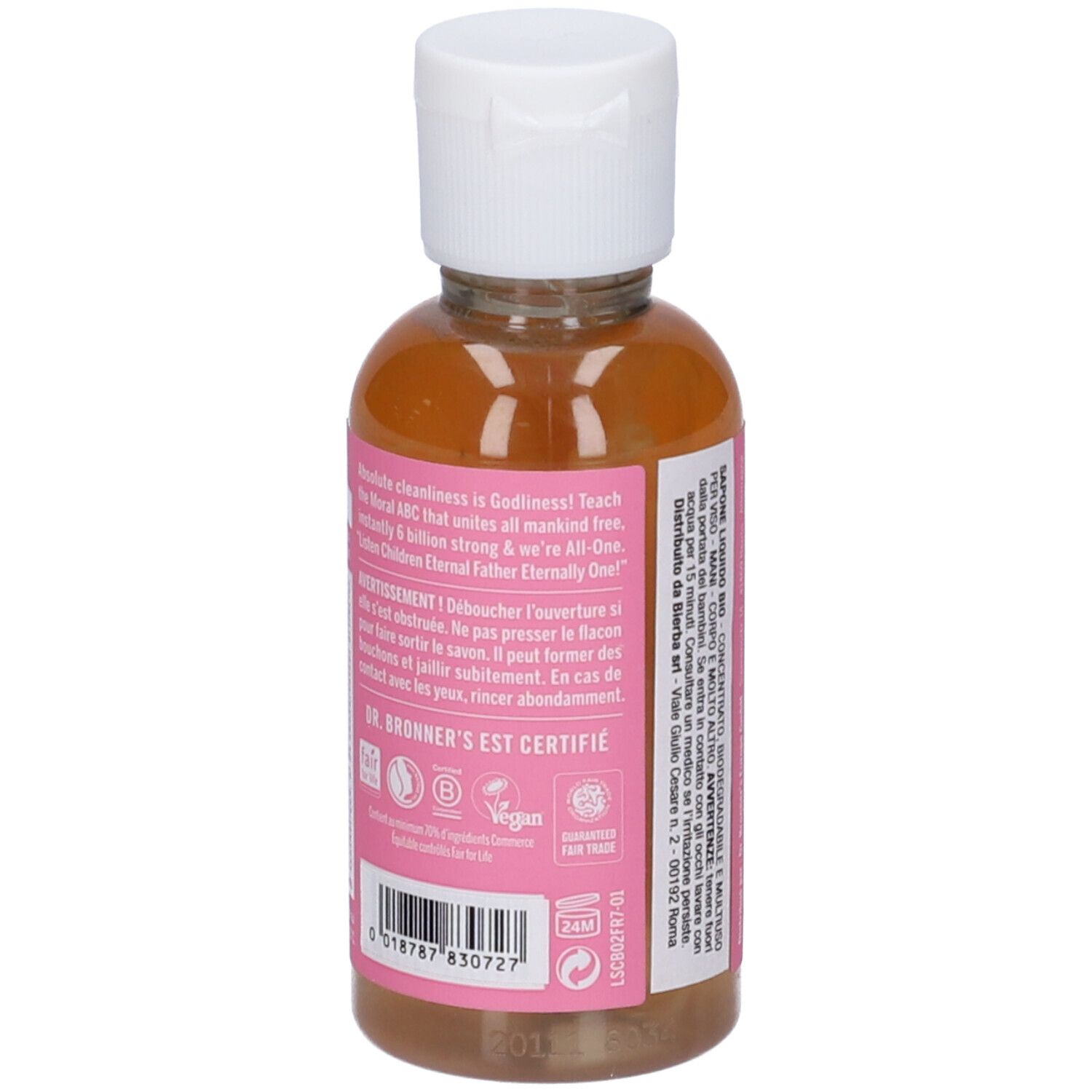 Retro del flacone. Etichetta rosa con testo. DR. BRONNER'S. Certificazione vegana. Informazioni sugli ingredienti.