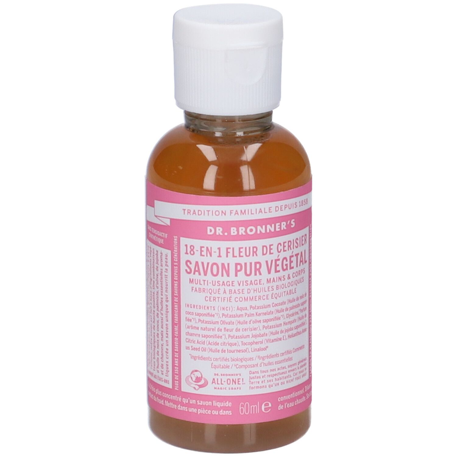 Flacone trasparente con tappo bianco. Etichetta rosa con testo: DR. BRONNER'S, 18-in-1, Fleur de Cerisier. 60ml.
