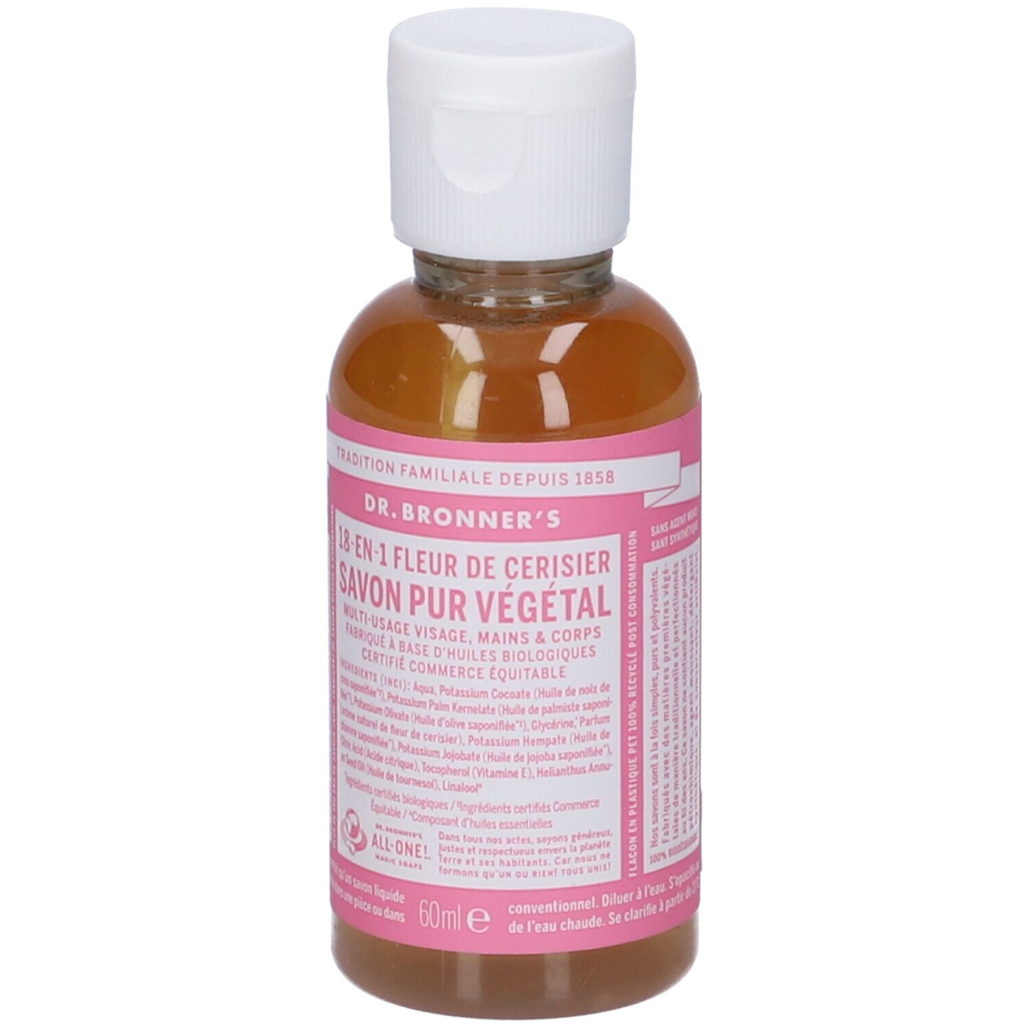 Flacone trasparente con tappo bianco. Etichetta rosa con testo: DR. BRONNER'S, 18-in-1, Fleur de Cerisier. 60ml.