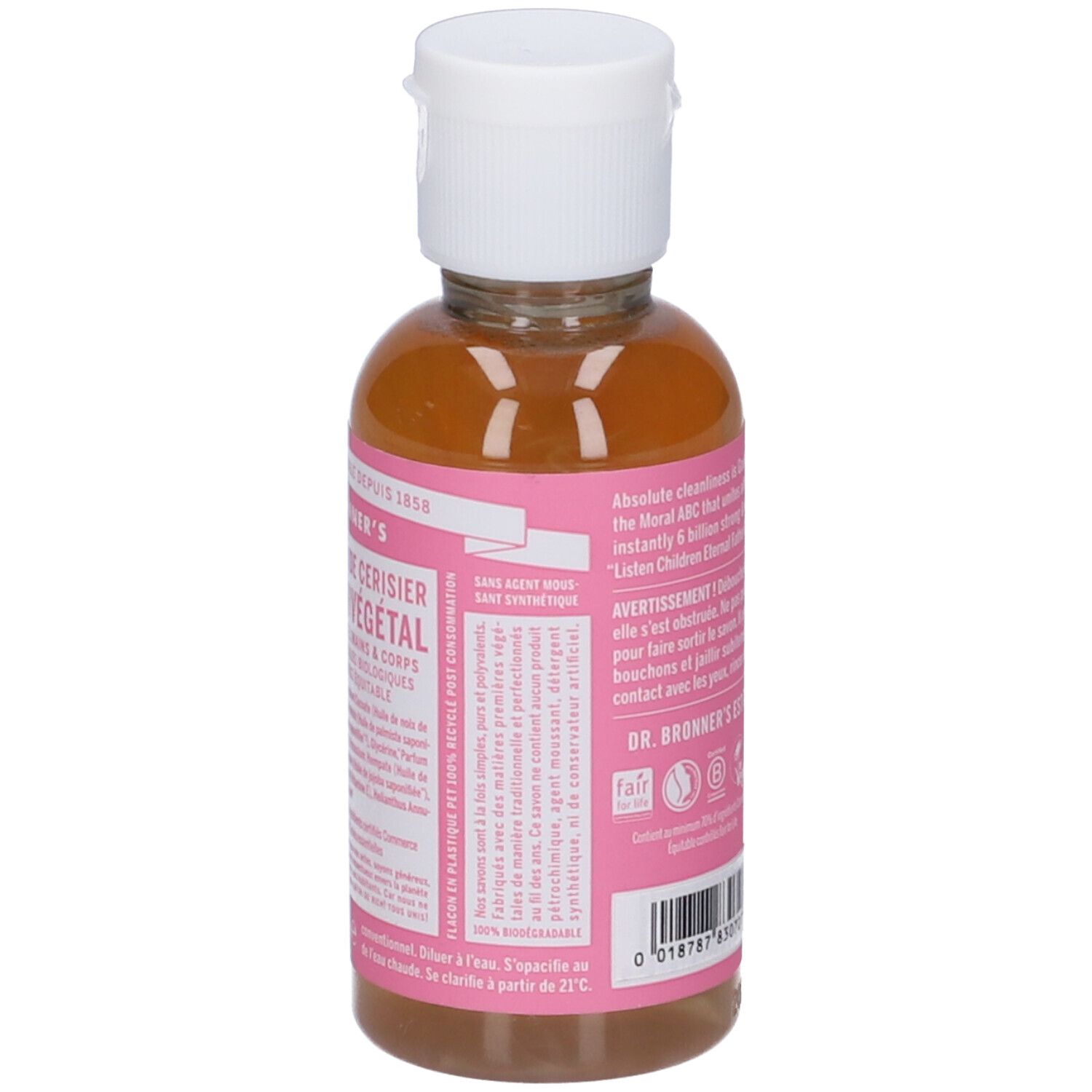 Retro del flacone. Etichetta rosa con testo. DR. BRONNER'S. Senza profumi sintetici. Informazioni sugli ingredienti.