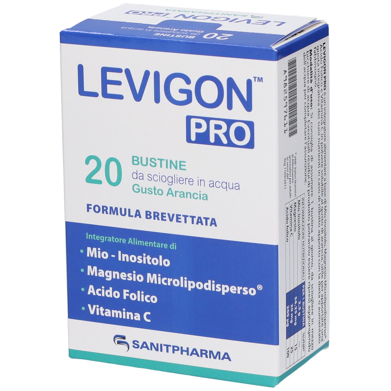 Levigon Pro 20 bustine da sciogliere in acqua, gusto arancia. Contiene Mio-Inositolo, Magnesio Microlipodiperso, Acido Folico, Vitamina C.