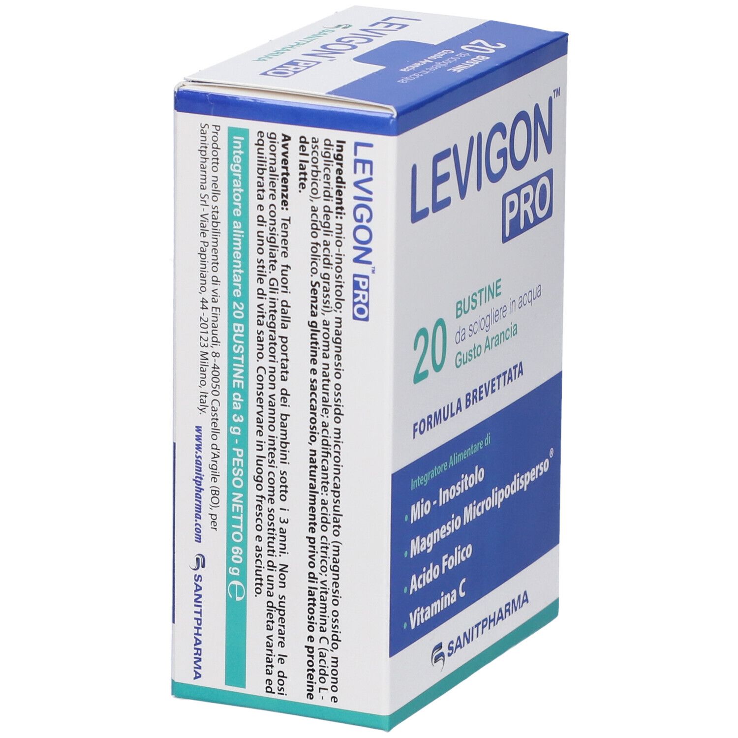 Levigon Pro 20 bustine da sciogliere in acqua, gusto arancia. Contiene Mio-Inositolo, Magnesio Microlipodiperso, Acido Folico, Vitamina C.