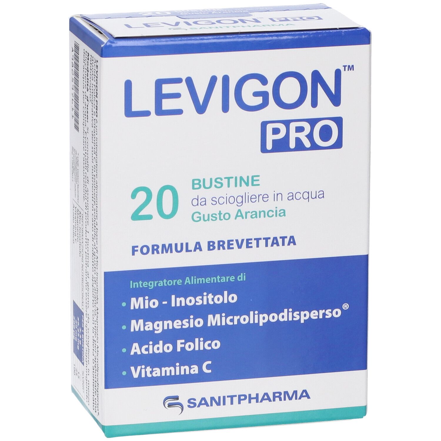 Levigon Pro 20 bustine da sciogliere in acqua, gusto arancia. Contiene Mio-Inositolo, Magnesio Microlipodiperso, Acido Folico, Vitamina C.