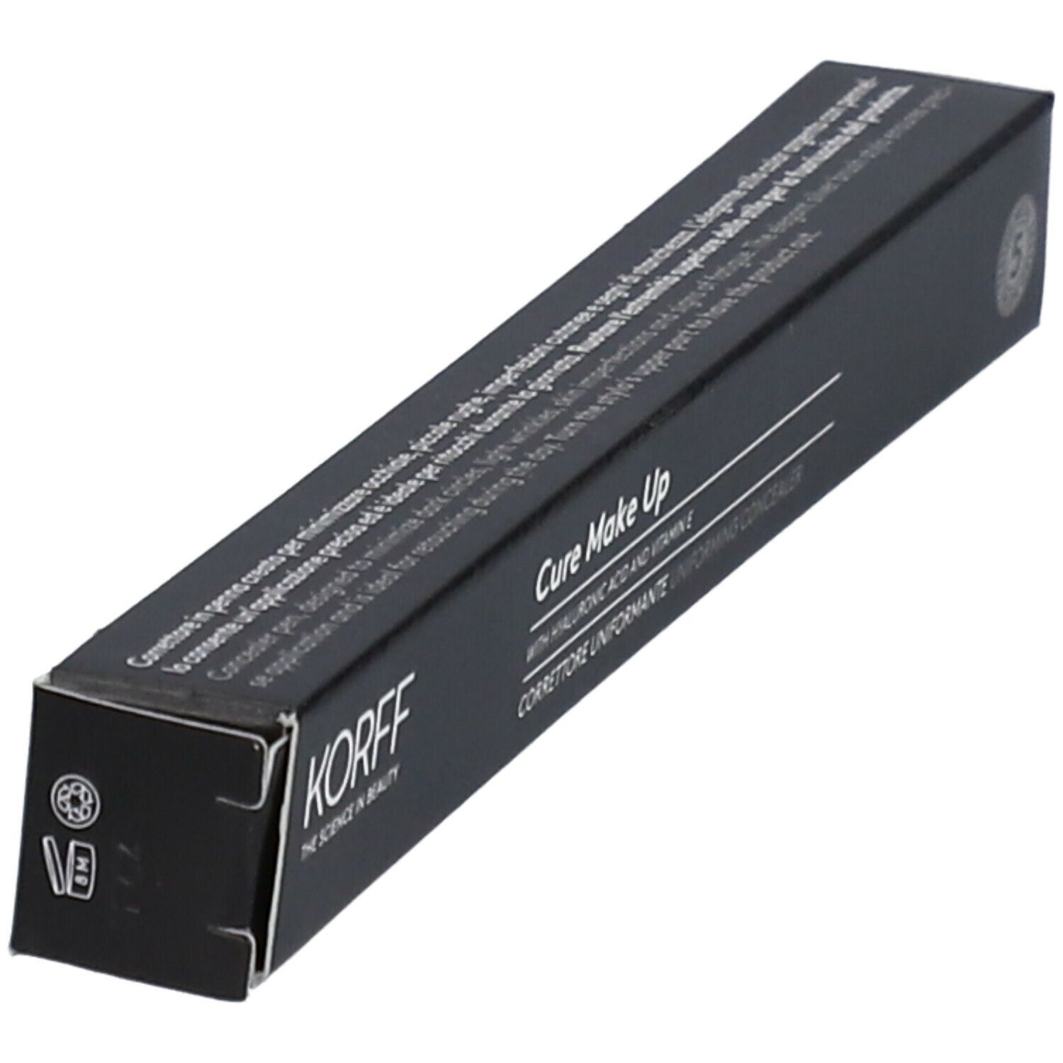 Confezione nera, angolata. Marchio KORFF e nome prodotto Cure Make Up. Testo: Correttore Uniformante.