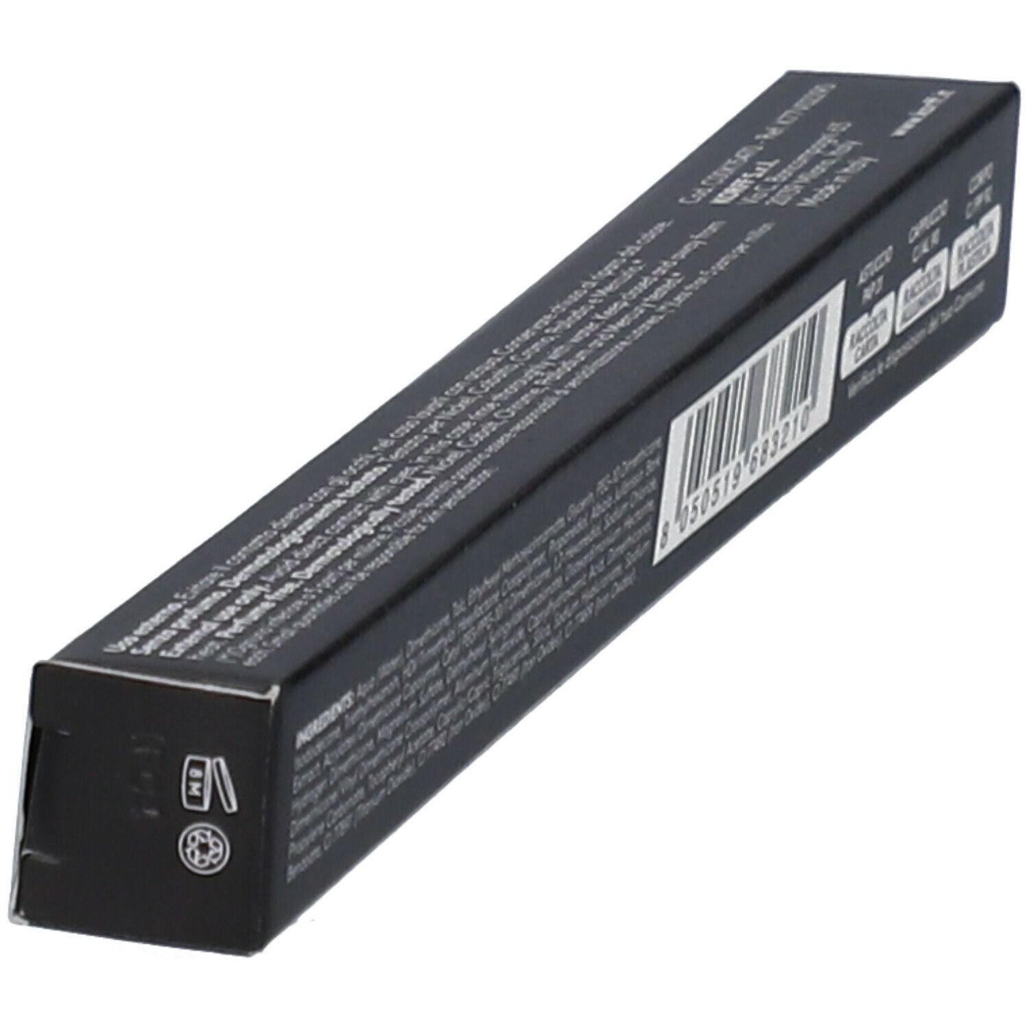 Confezione nera, angolata. Codice a barre e testo con ingredienti. Marchio KORFF non visibile.