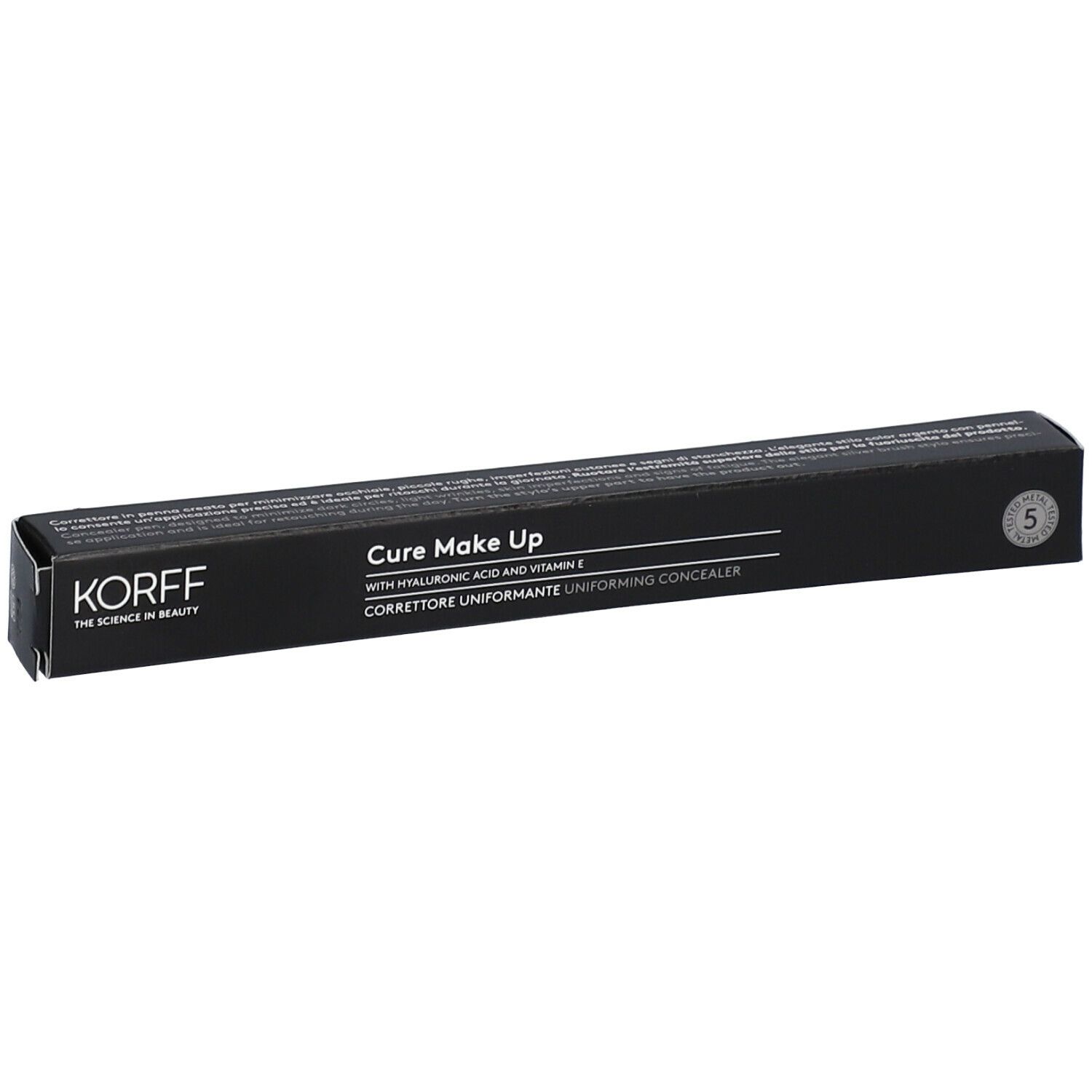 Confezione nera con nome prodotto e marchio KORFF. Scritto: Cure Make Up Correttore Uniformante. Numero colore 5.