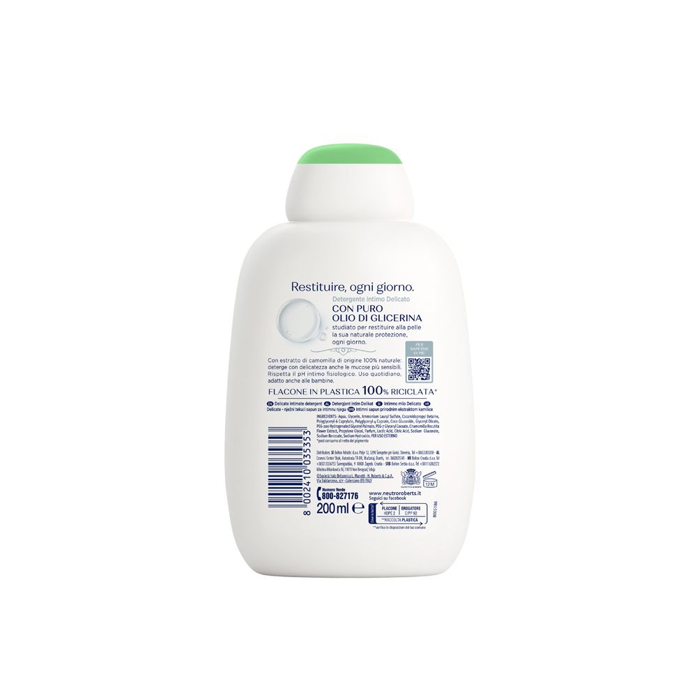 Retro del flacone. Testo e codice a barre. Scritta: 200 ml. Flacone in plastica riciclabile al 100%.