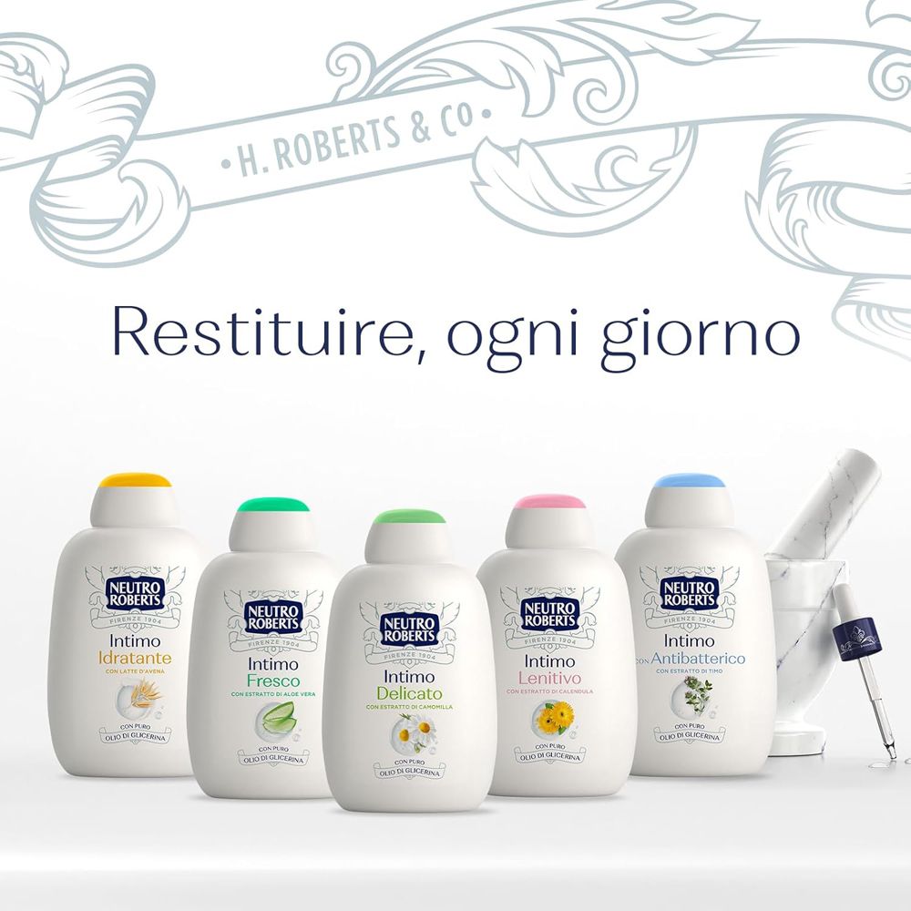 Cinque flaconi di detergente intimo. Diversi colori. Testo: Neutro Roberts Intimo.