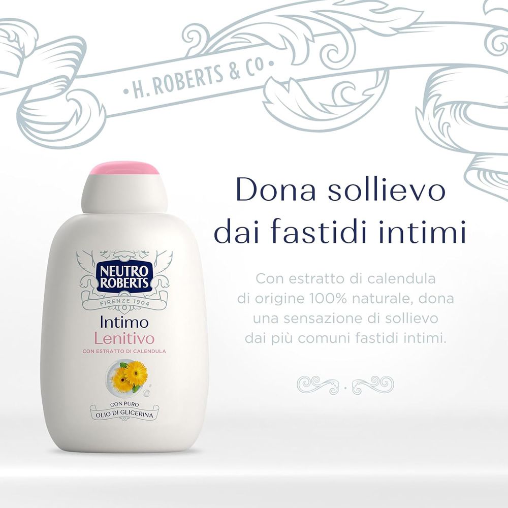 Flacone, tappo rosa. Testo: Dona sollievo dai fastidi intimi. Con estratto di calendula.