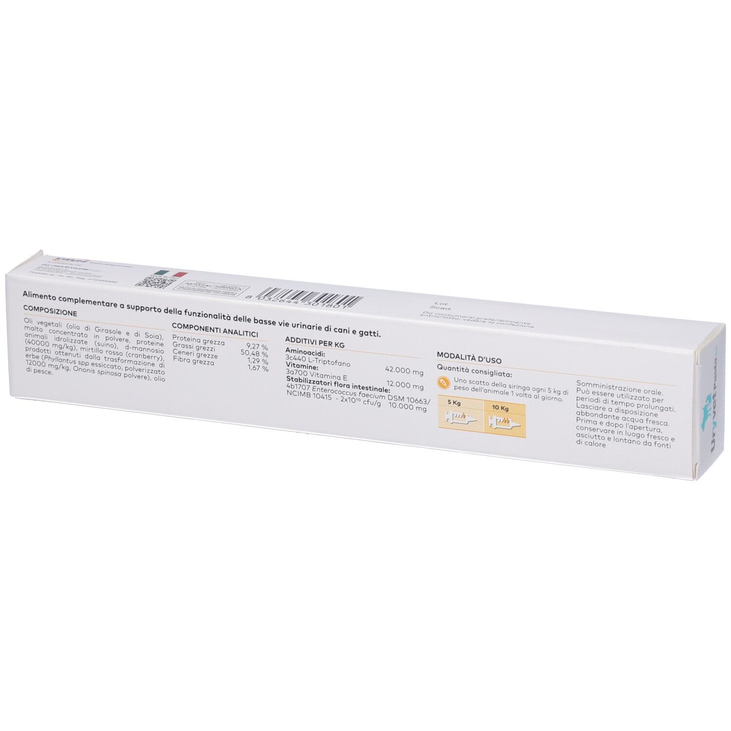 Scatola bianca con testo in italiano. Ingredienti e istruzioni per l'uso.