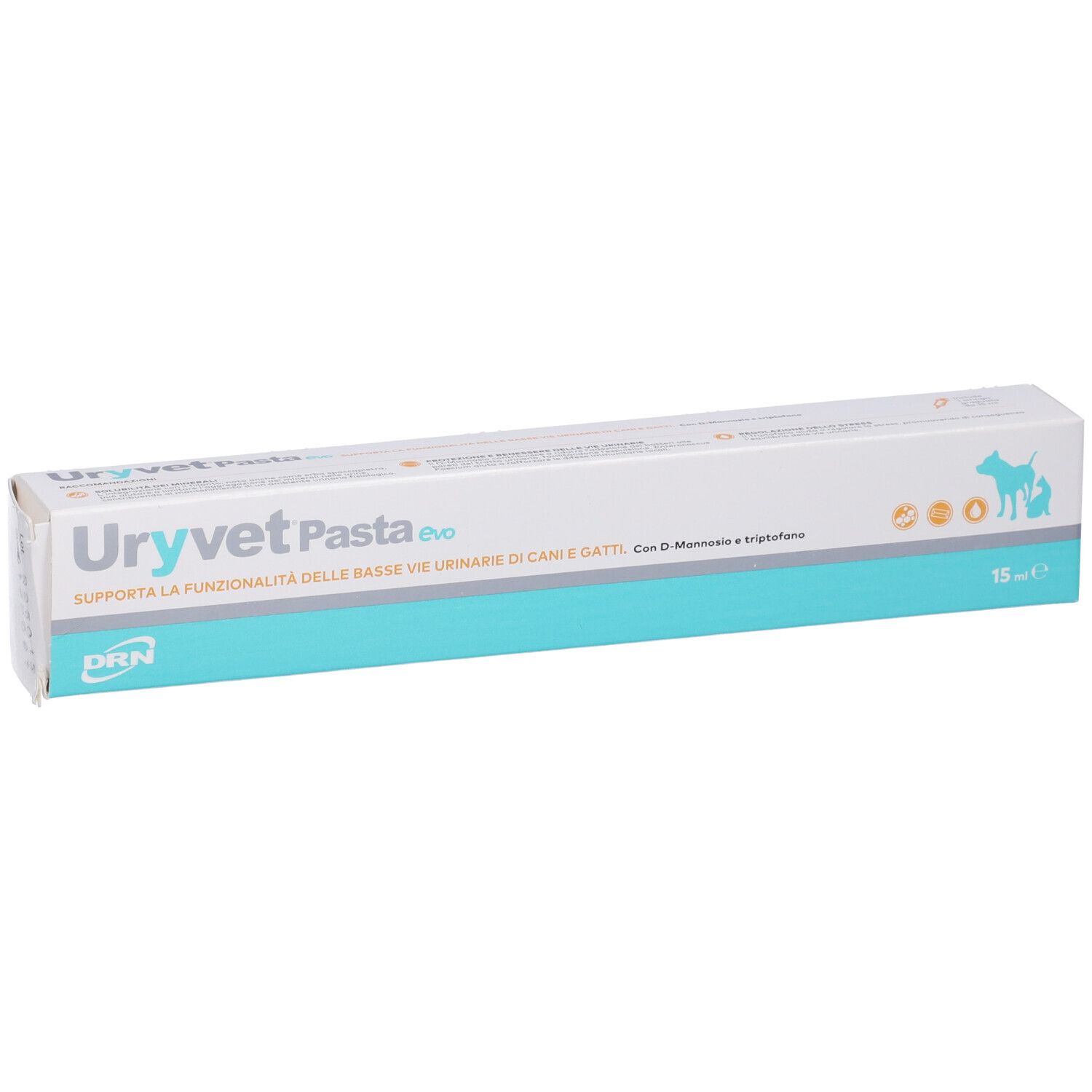 Scatola bianca con nome del prodotto e area blu. Testo in italiano. 15 ml.