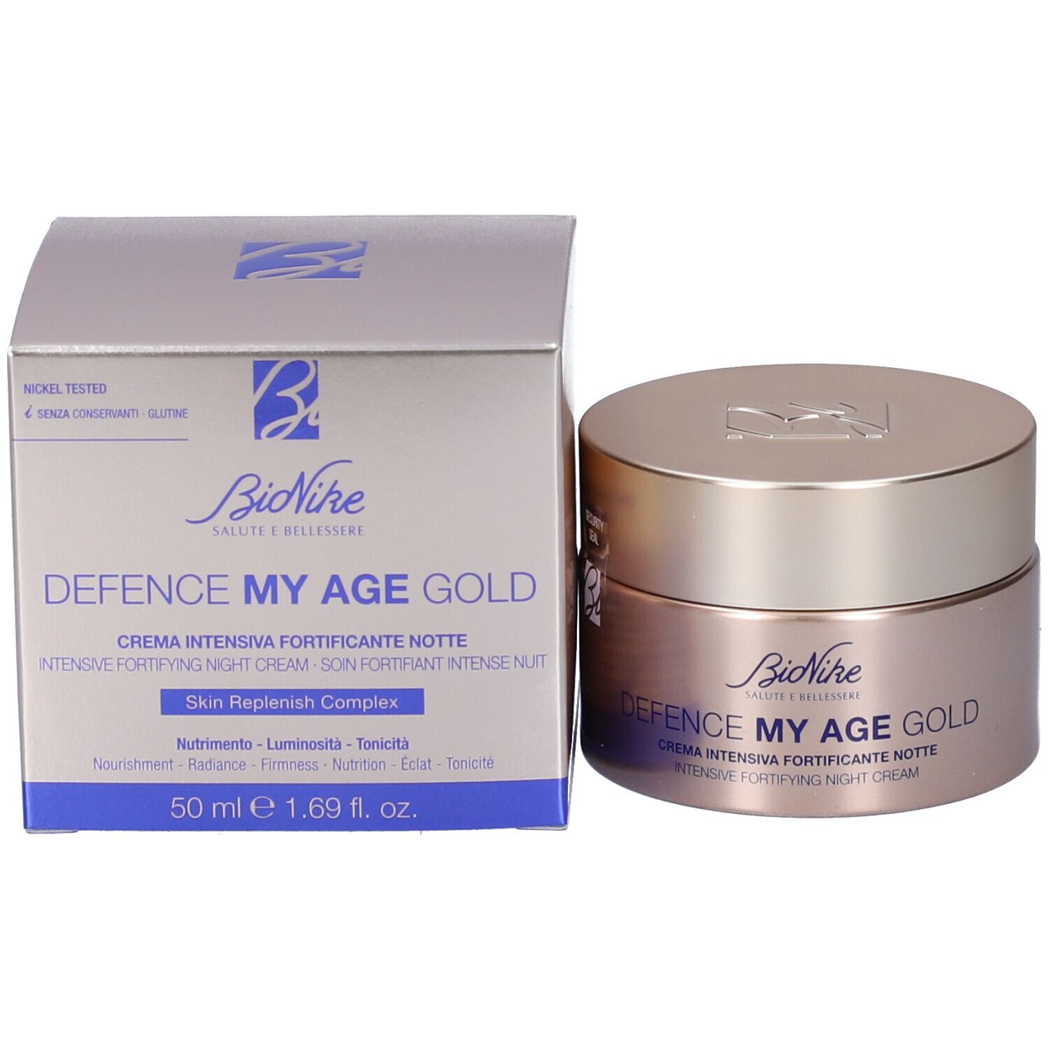 BioNike Defence My Age Gold crema notte e confezione, vasetto dorato e scatola.