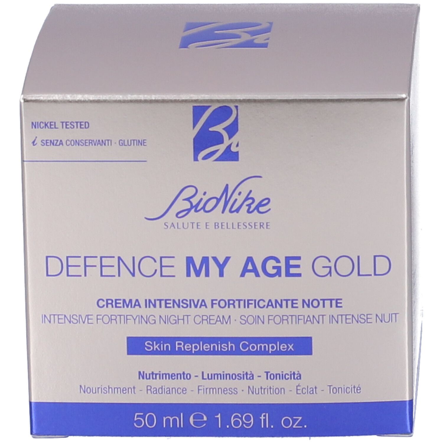 Confezione BioNike Defence My Age Gold crema notte, scatola dorata con informazioni prodotto.