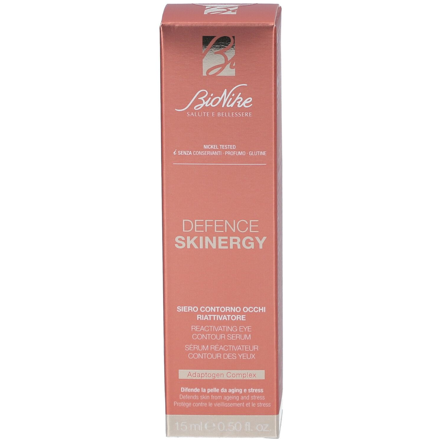 Confezione rosa. Scritta: Defence Skinergy, siero contorno occhi. Marchio: BioNike. Testo multilingue.