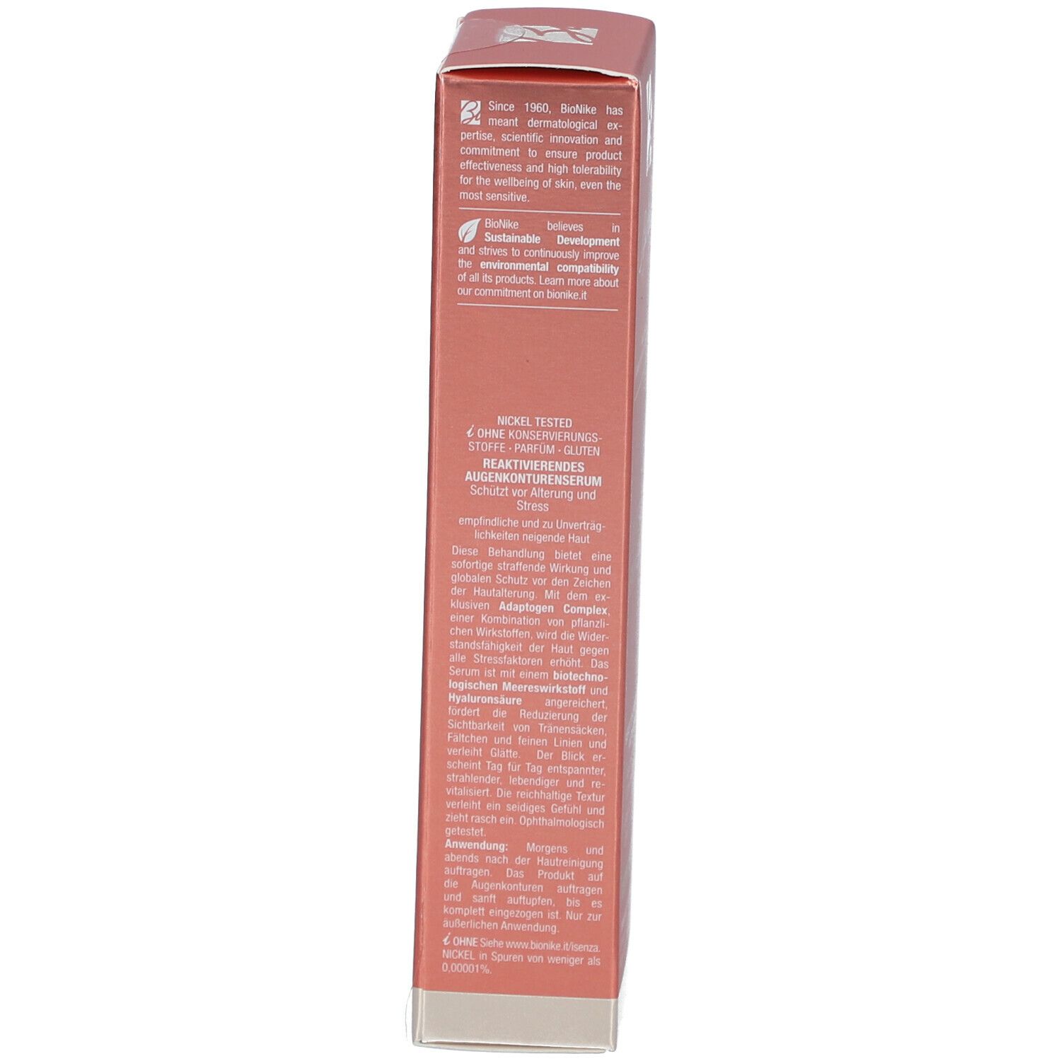 Confezione rosa. Testo multilingue. Scritta: BioNike. Informazioni sul prodotto.