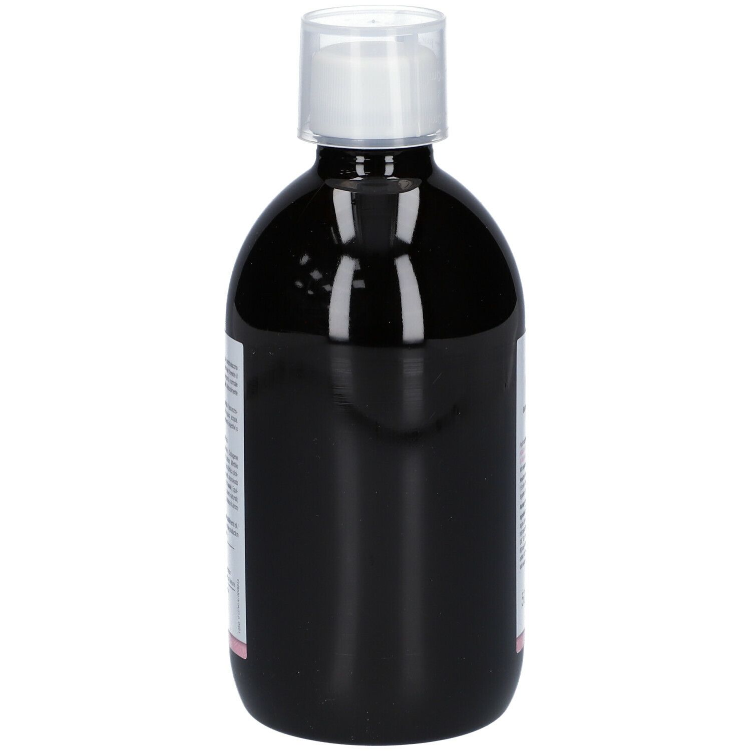 Bottiglia scura con tappo bianco. Vista laterale. Etichetta rosa in basso. Nessun altro dettaglio visibile.