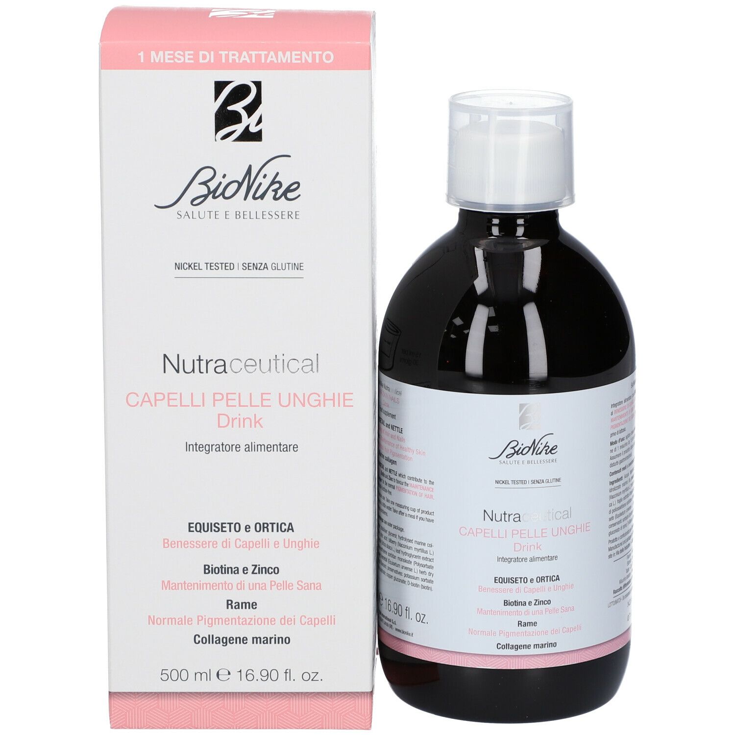 Prodotto e confezione. Bottiglia scura con tappo bianco ed etichetta rosa. Scatola con scritta: BioNike.