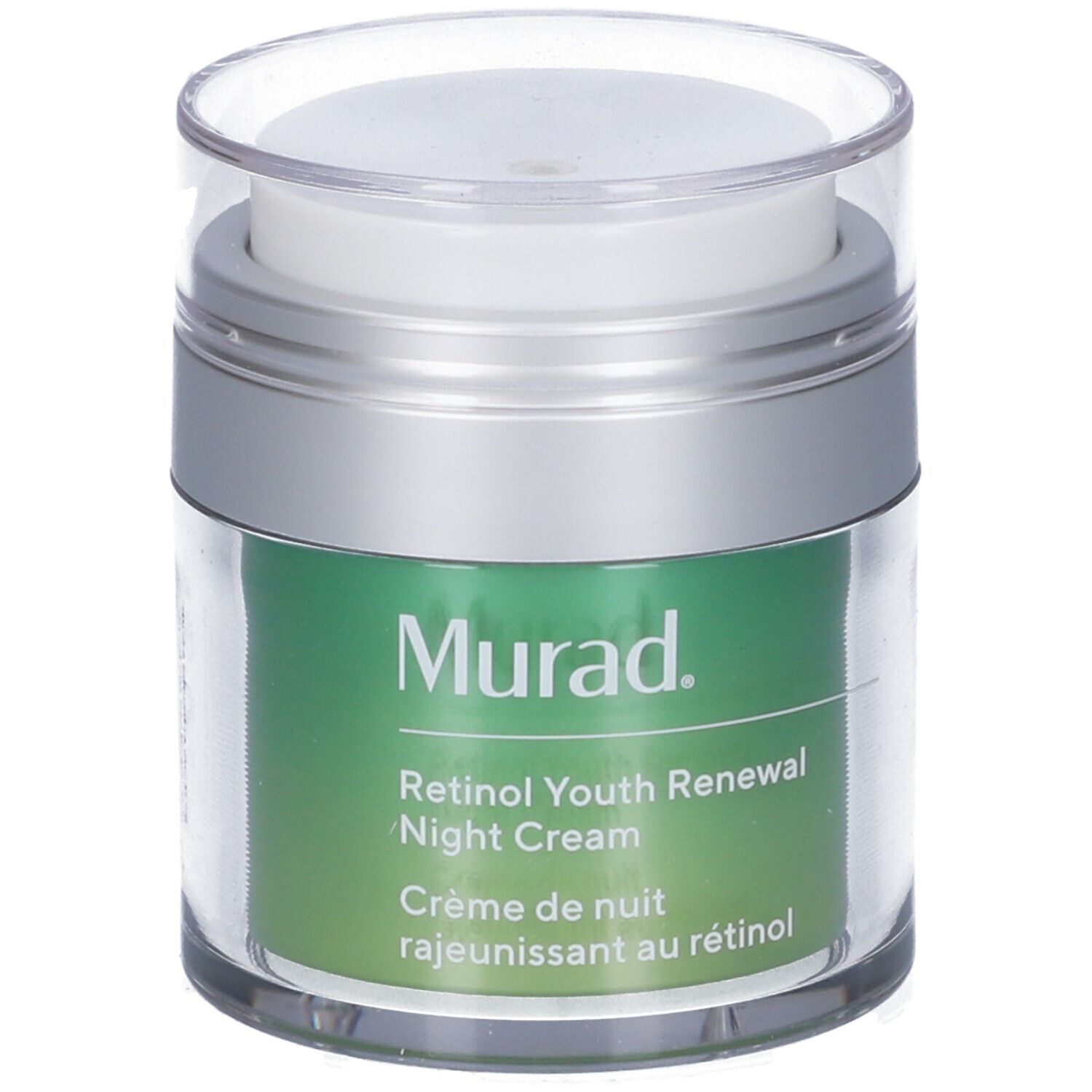 Vasetto trasparente con coperchio argentato. Su sfondo verde, "Murad" e "Retinol Youth Renewal Night Cream".