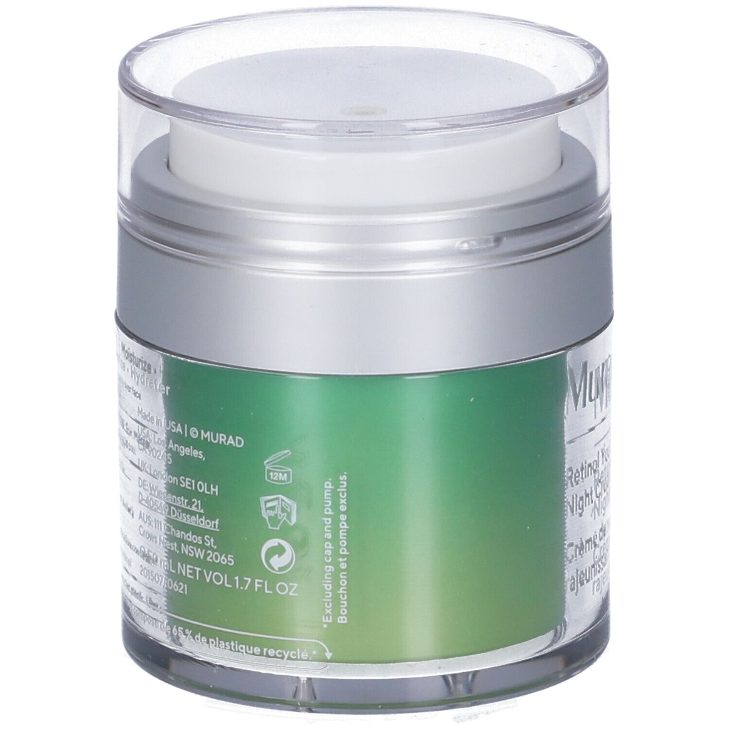 Vasetto trasparente con coperchio argentato. Informazioni sul prodotto e testo su sfondo verde.