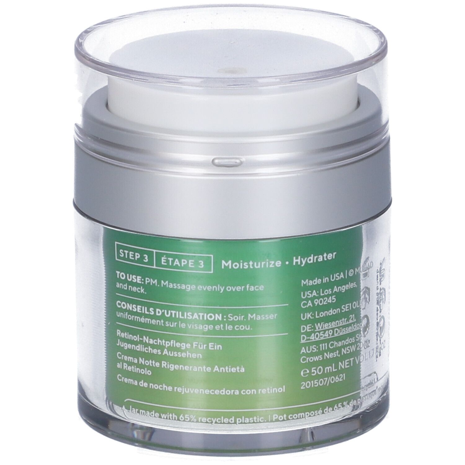 Vasetto trasparente con coperchio argentato. Informazioni sul prodotto e testo su sfondo verde.