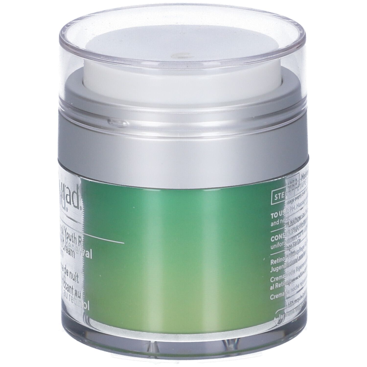Vasetto trasparente con coperchio argentato. Informazioni sul prodotto e testo su sfondo verde.