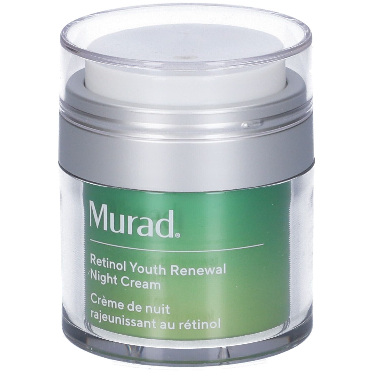 Vasetto trasparente con coperchio argentato. Su sfondo verde, "Murad" e "Retinol Youth Renewal Night Cream".