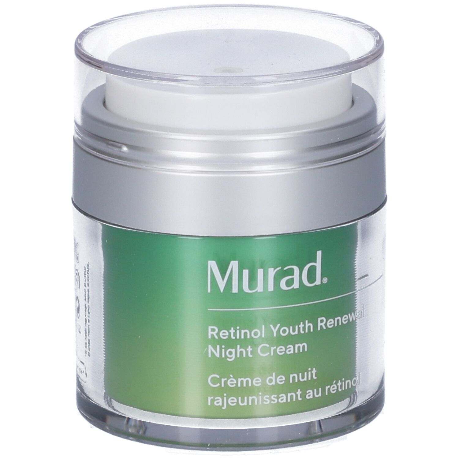 Vasetto trasparente con coperchio argentato. Su sfondo verde, "Murad" e "Retinol Youth Renewal Night Cream".