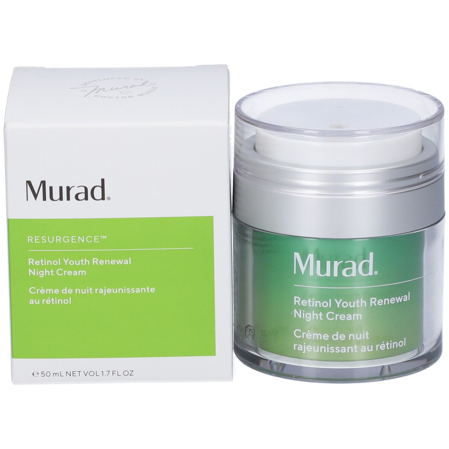 Prodotto e confezione. Sulla confezione, "Murad Resurgence Retinol Youth Renewal Night Cream".