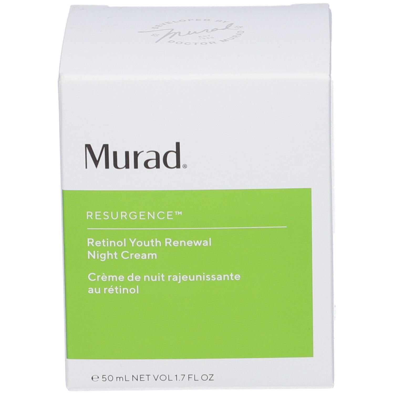 Confezione bianca con campo verde. Sulla confezione, "Murad Resurgence Retinol Youth Renewal Night Cream".