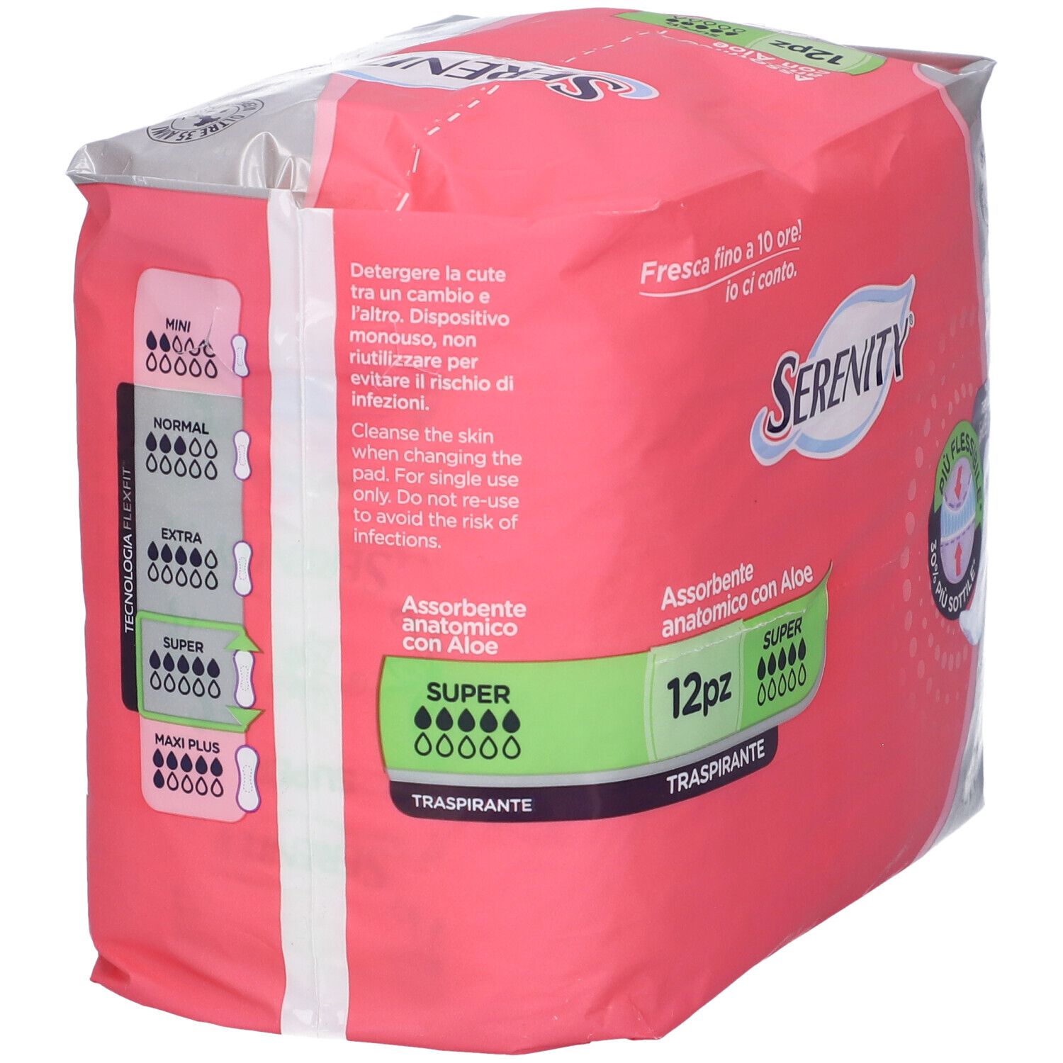 Confezione rosa 'Serenity' con '12pz'. Assorbenti anatomici con aloe, 'Super'. Informazioni prodotto e taglie.