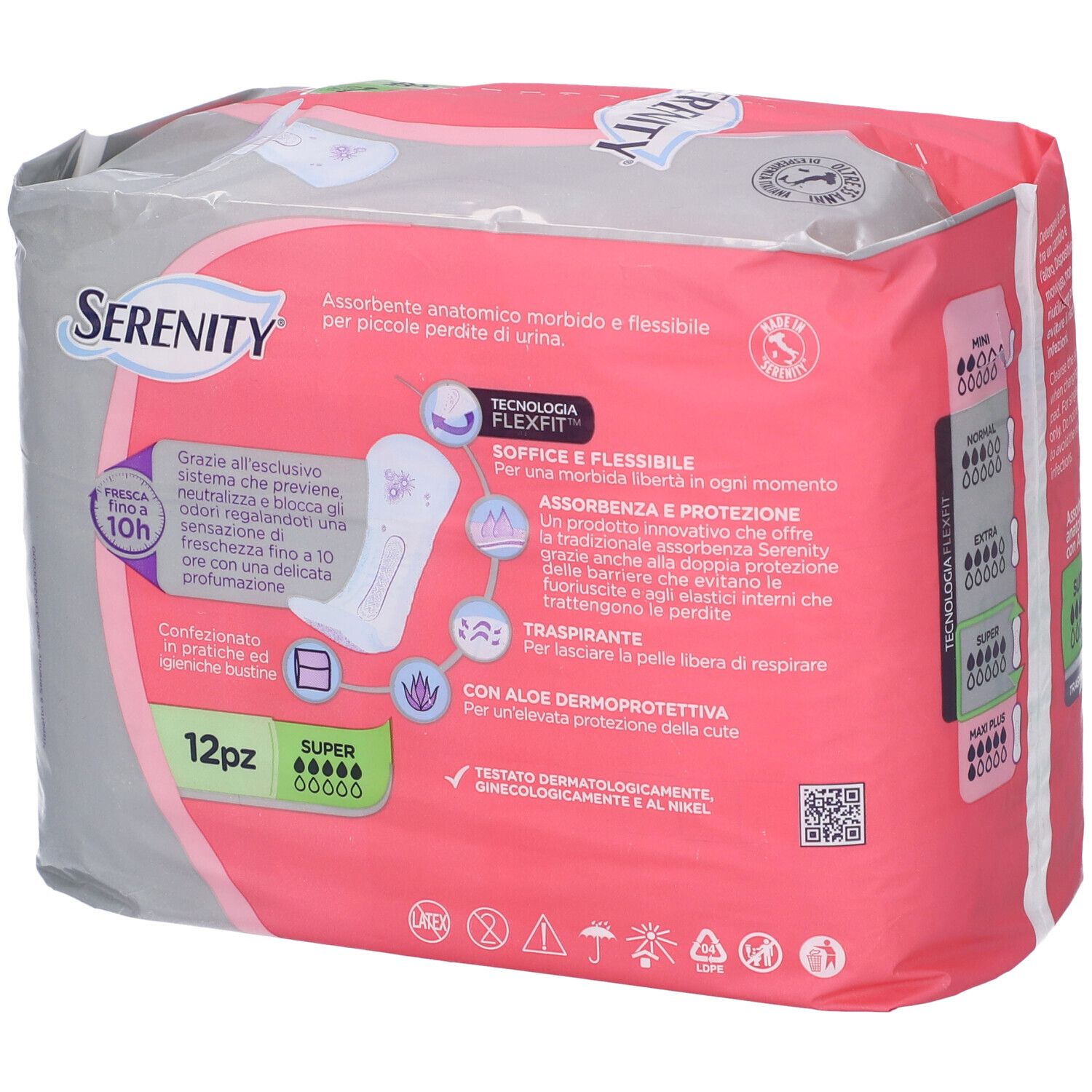 Confezione rosa 'Serenity' con '12pz'. Assorbenti anatomici con aloe, 'Super'. Tecnologia FlexFit, testo.