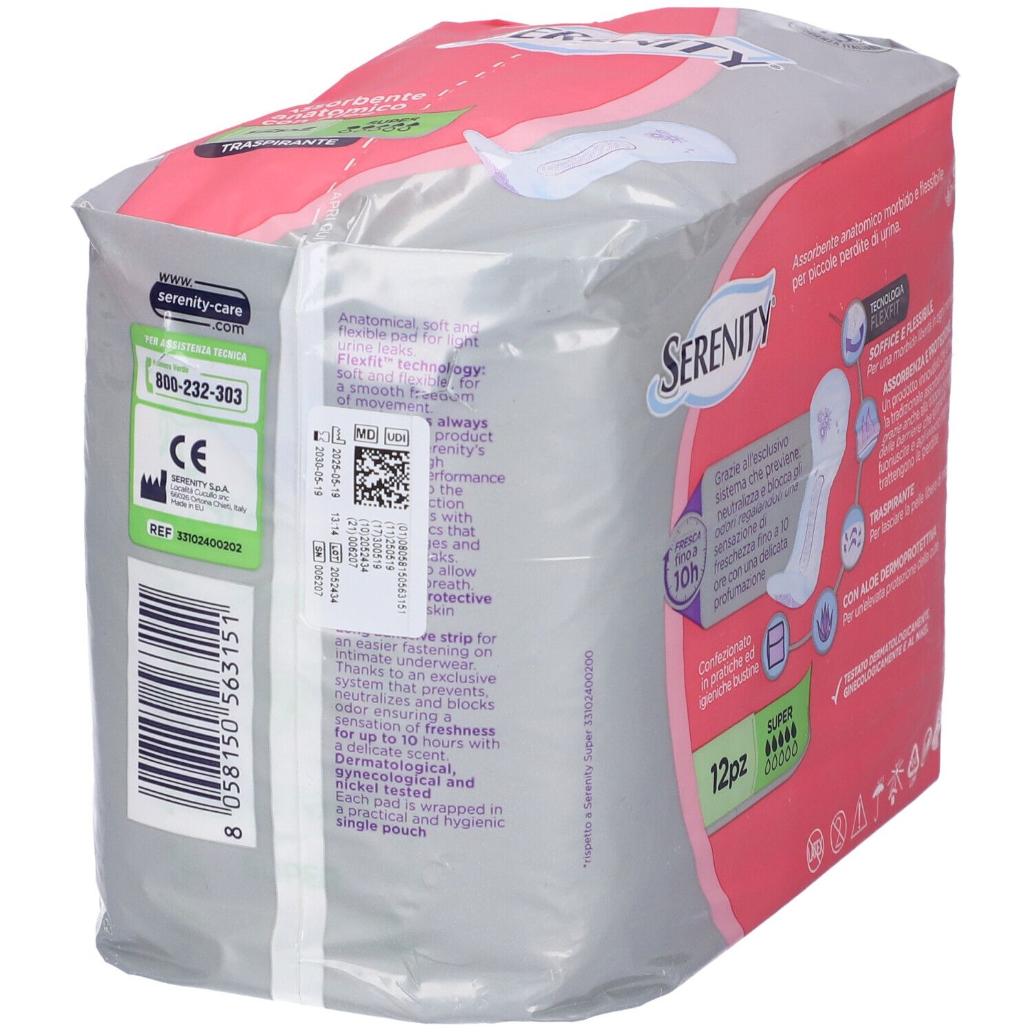 Confezione rosa 'Serenity' con '12pz'. Assorbenti anatomici con aloe, 'Super'. Marchio CE, testo.