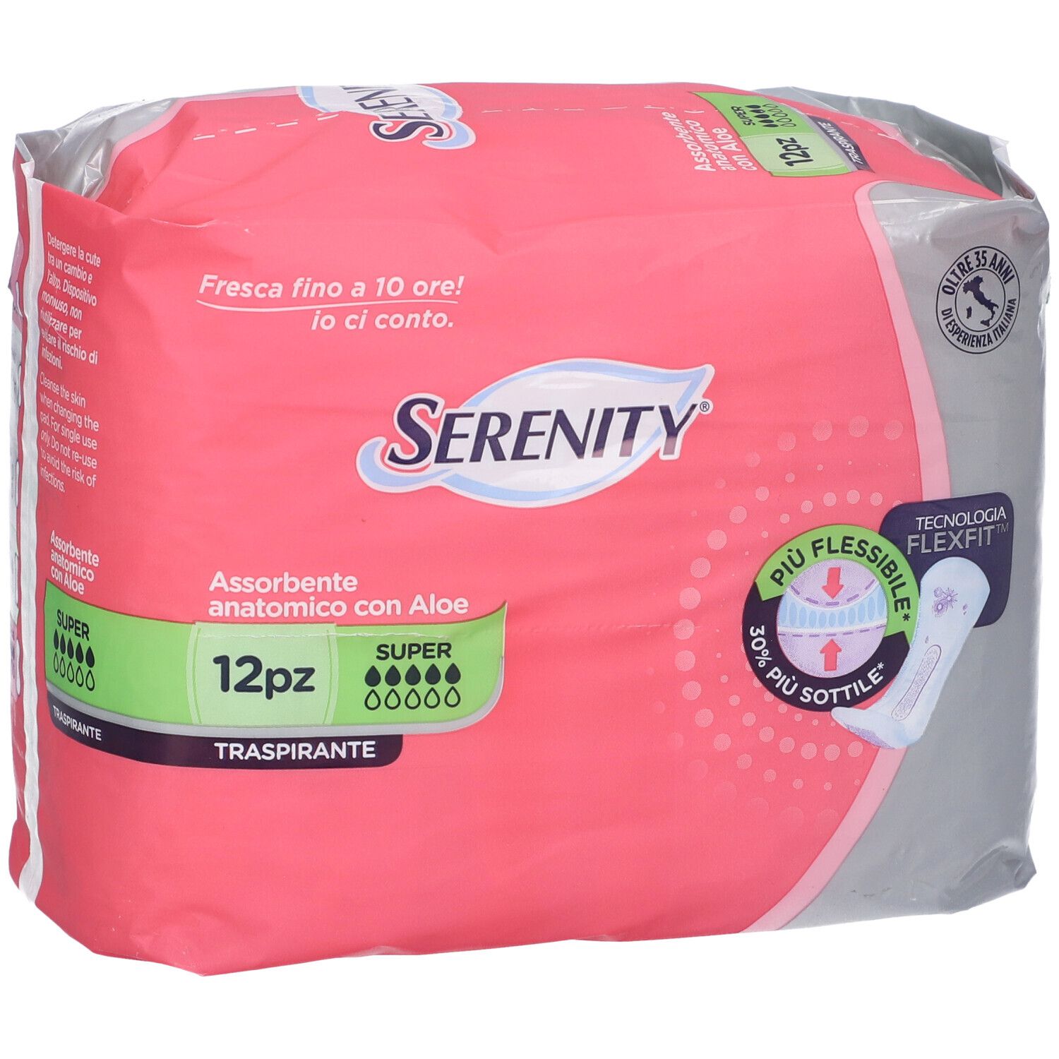 Confezione rosa 'Serenity' con '12pz'. Assorbenti anatomici con aloe, 'Super'. Tecnologia FlexFit.