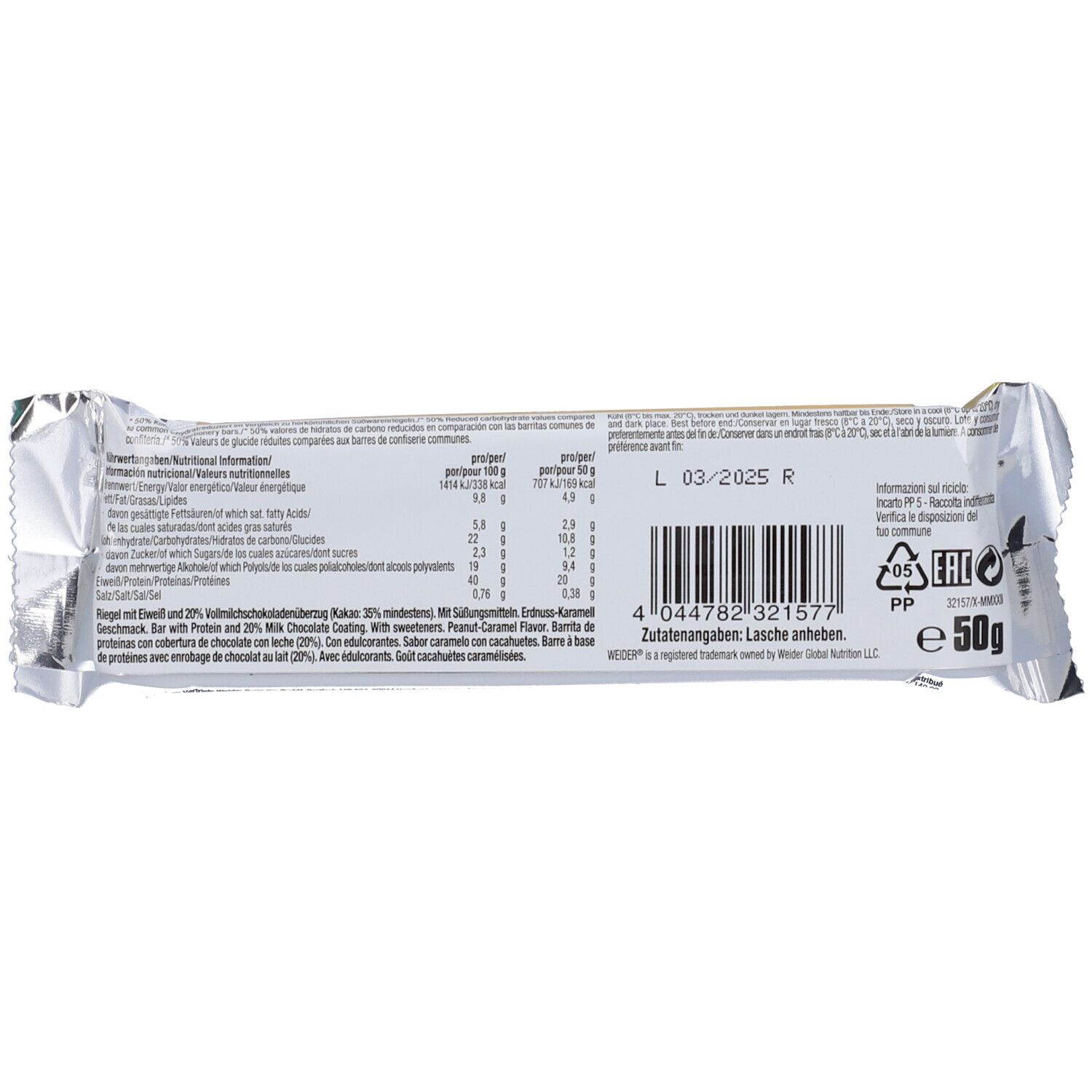 Retro della confezione della barretta proteica Weider. Testo con informazioni nutrizionali, ingredienti e codice a barre. Pellicola argentata.